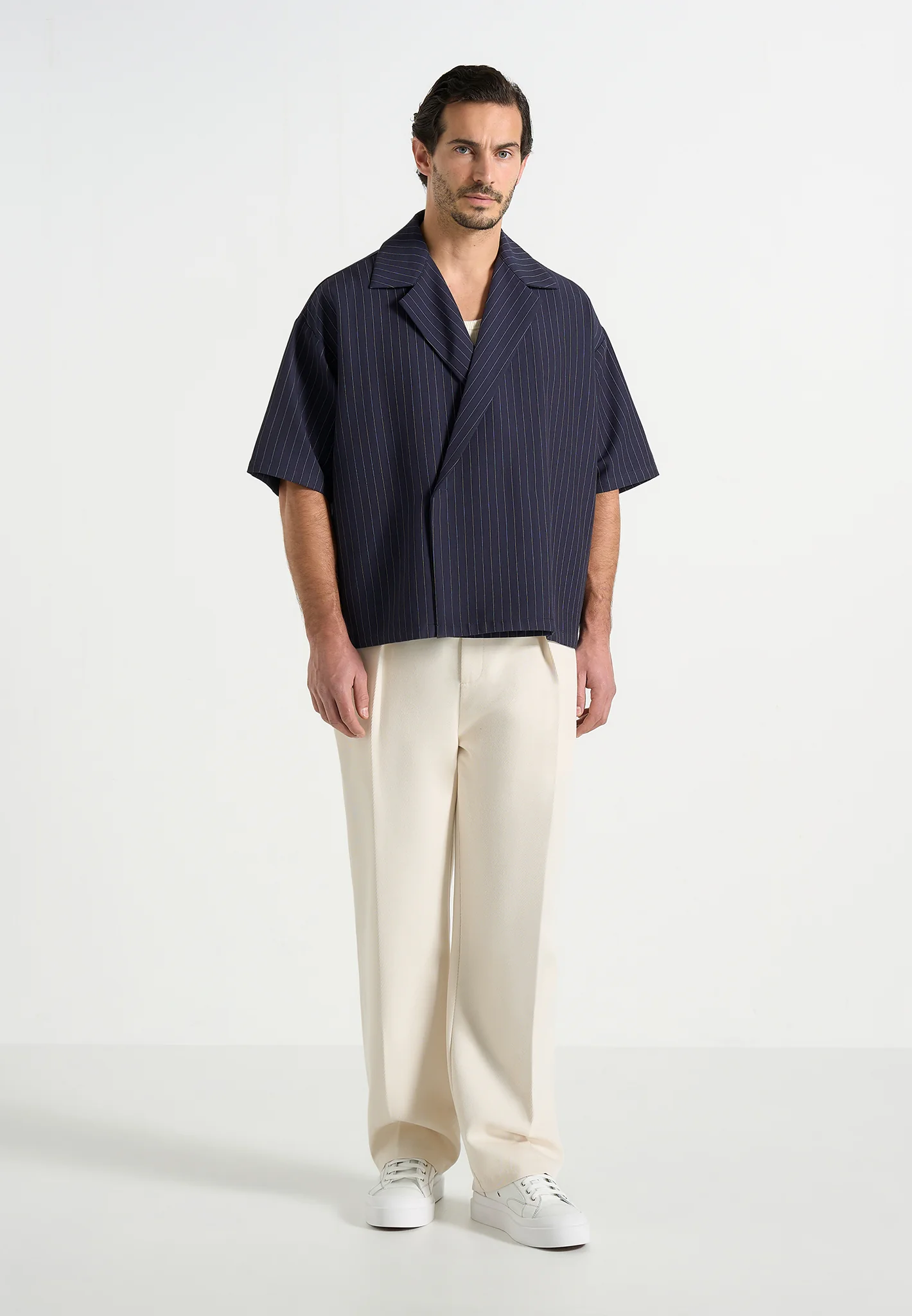 Abel - Boxy Pinstripe Double Breasted Shirt - Navy