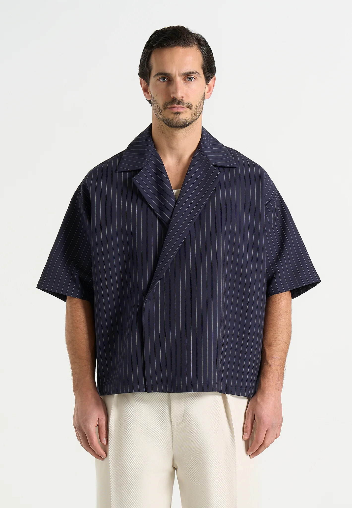 Abel - Boxy Pinstripe Double Breasted Shirt - Navy - Image 2