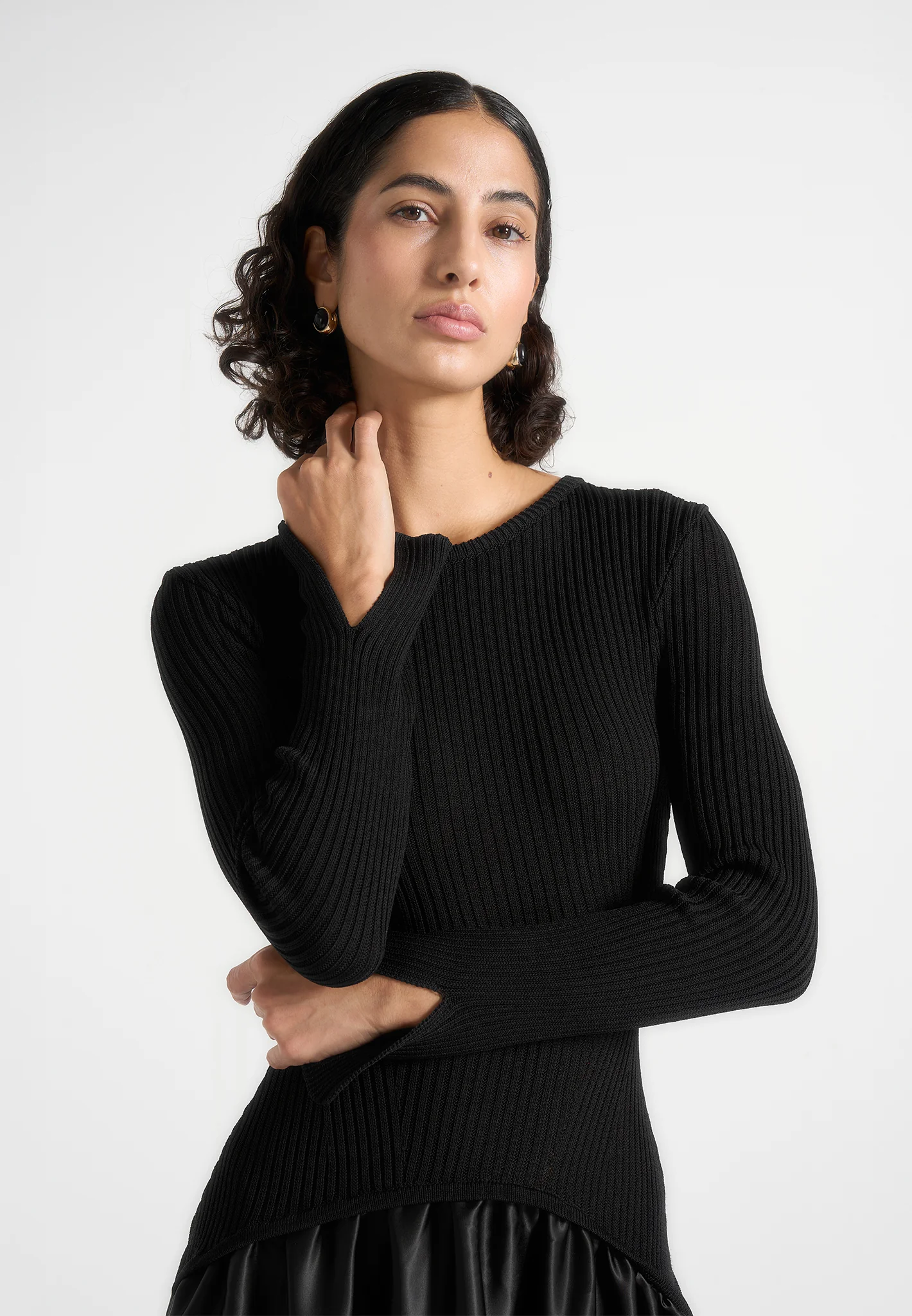 Adeline - Knit & Satin Curved Hem Maxi Dress - Black - Image 4