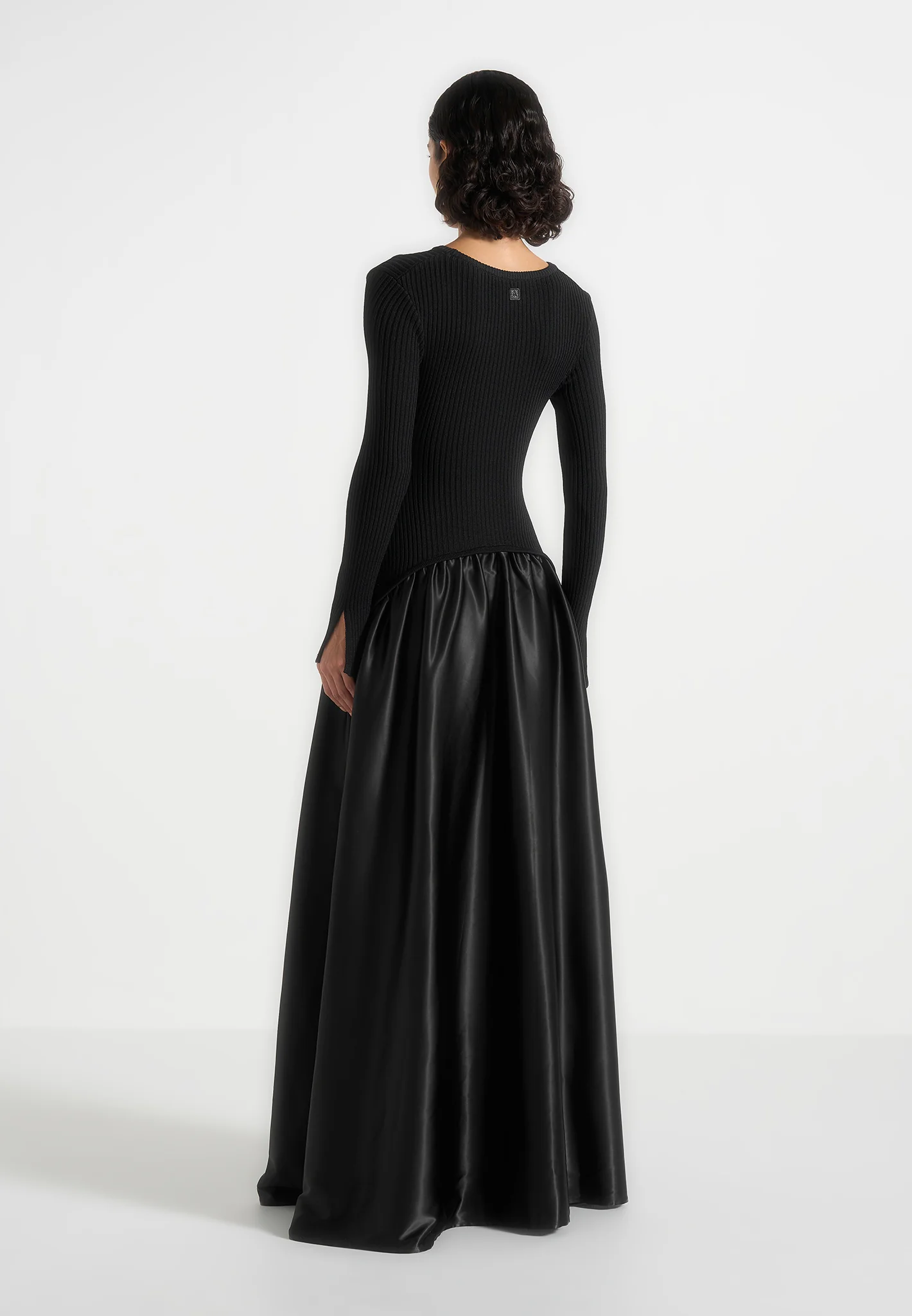 Adeline - Knit & Satin Curved Hem Maxi Dress - Black - Image 5