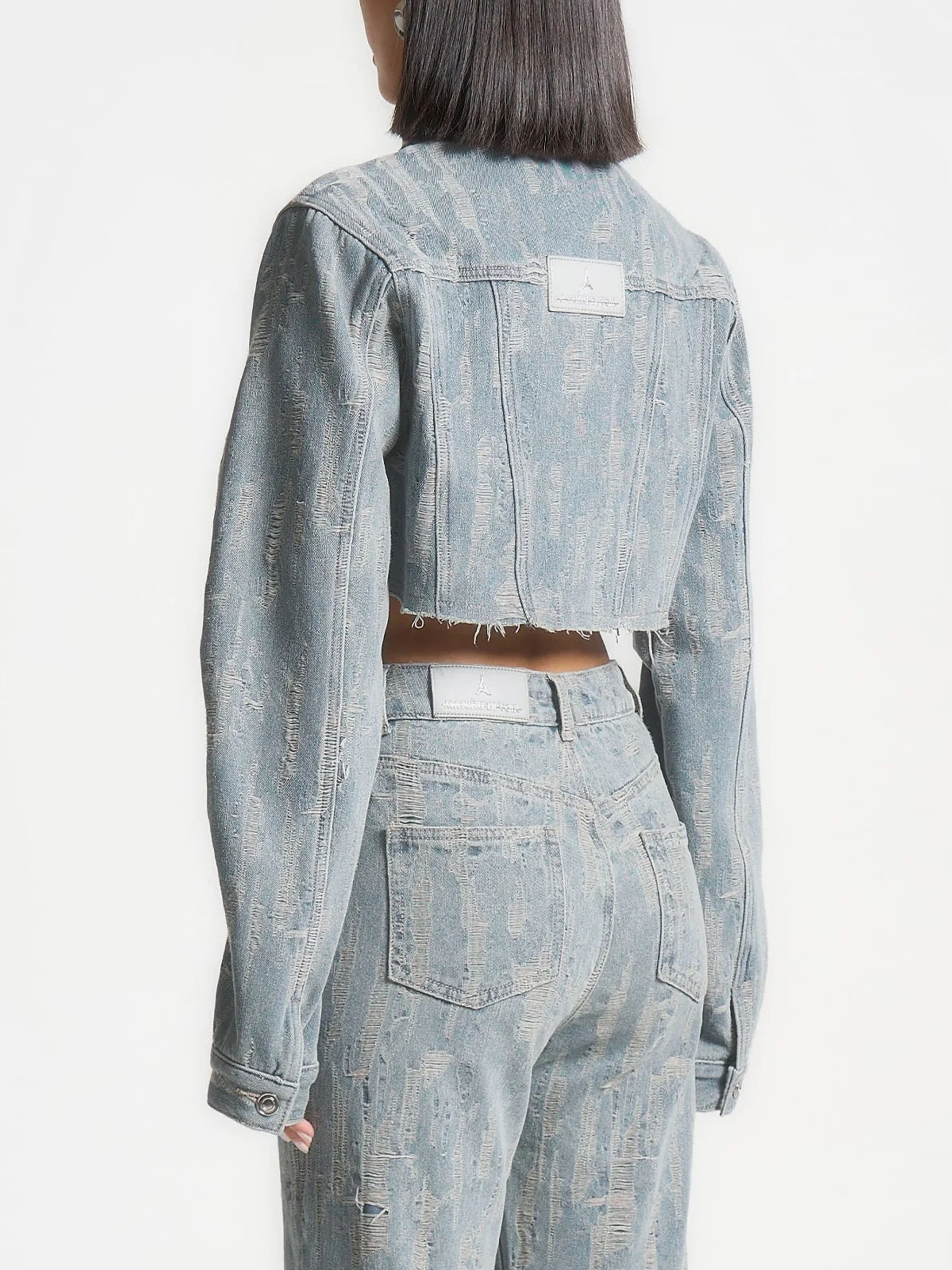 Alice - Cropped Distressed Denim Jacket - Mid Blue - Image 4
