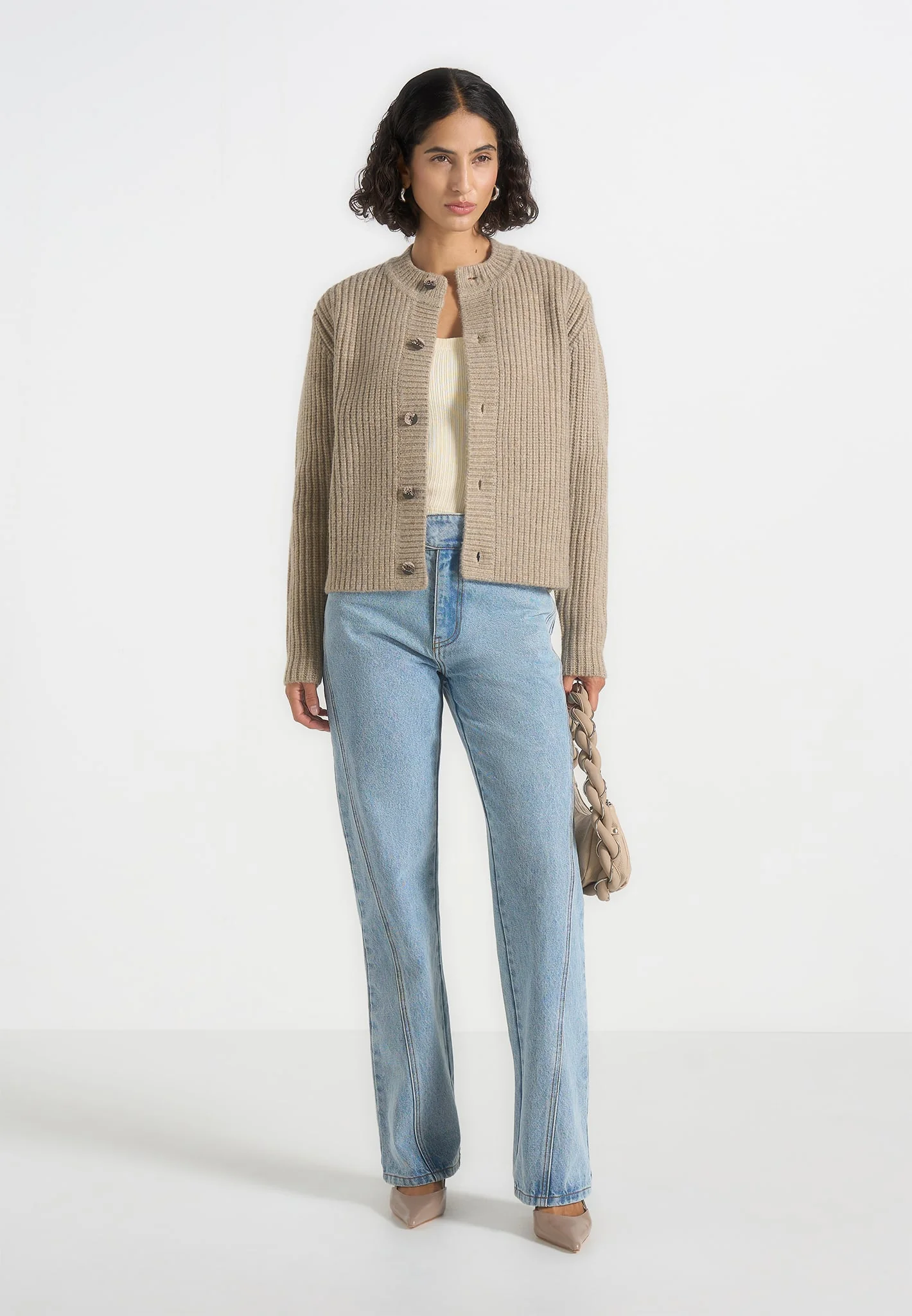 Alix - Unisex Crewneck Ribbed Knit Cardigan - Beige - Image 3