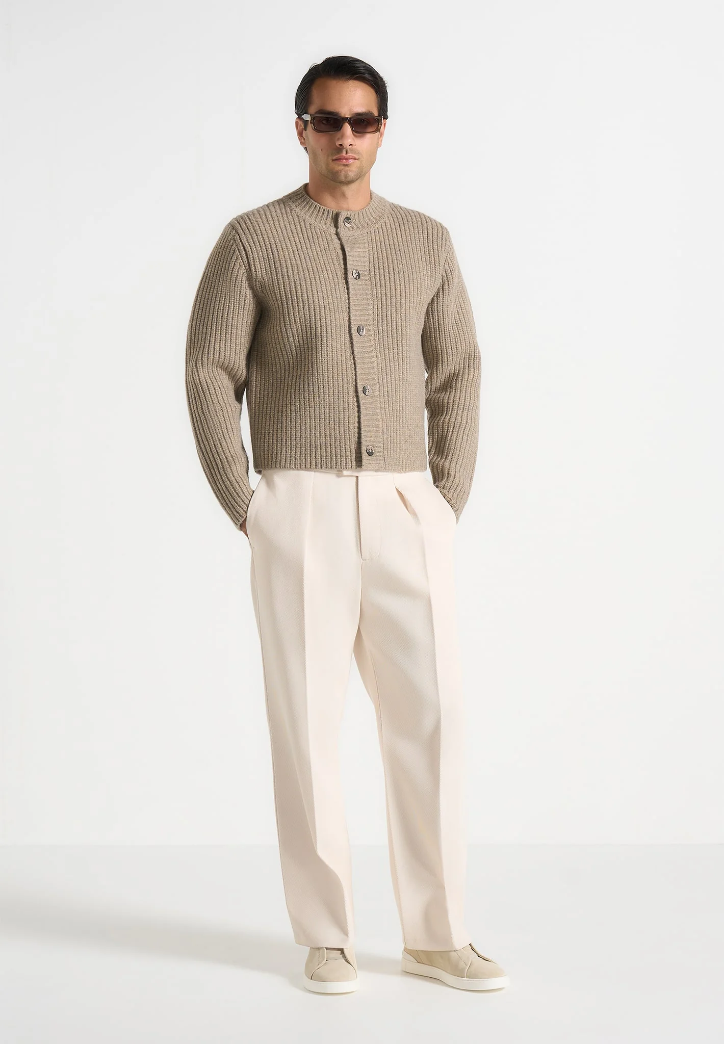 Alix - Unisex Crewneck Ribbed Knit Cardigan - Beige - Image 4