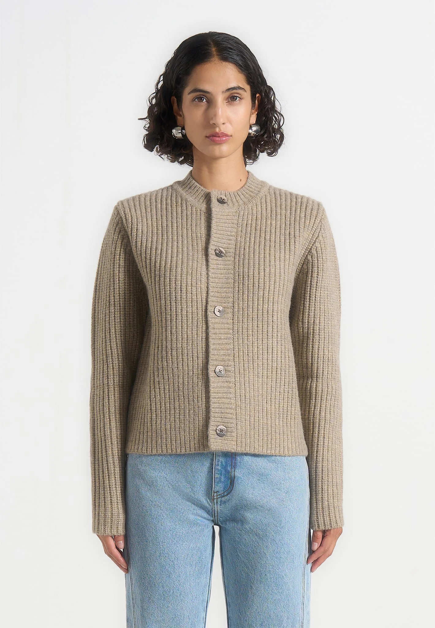 Alix - Unisex Crewneck Ribbed Knit Cardigan - Beige - Image 5