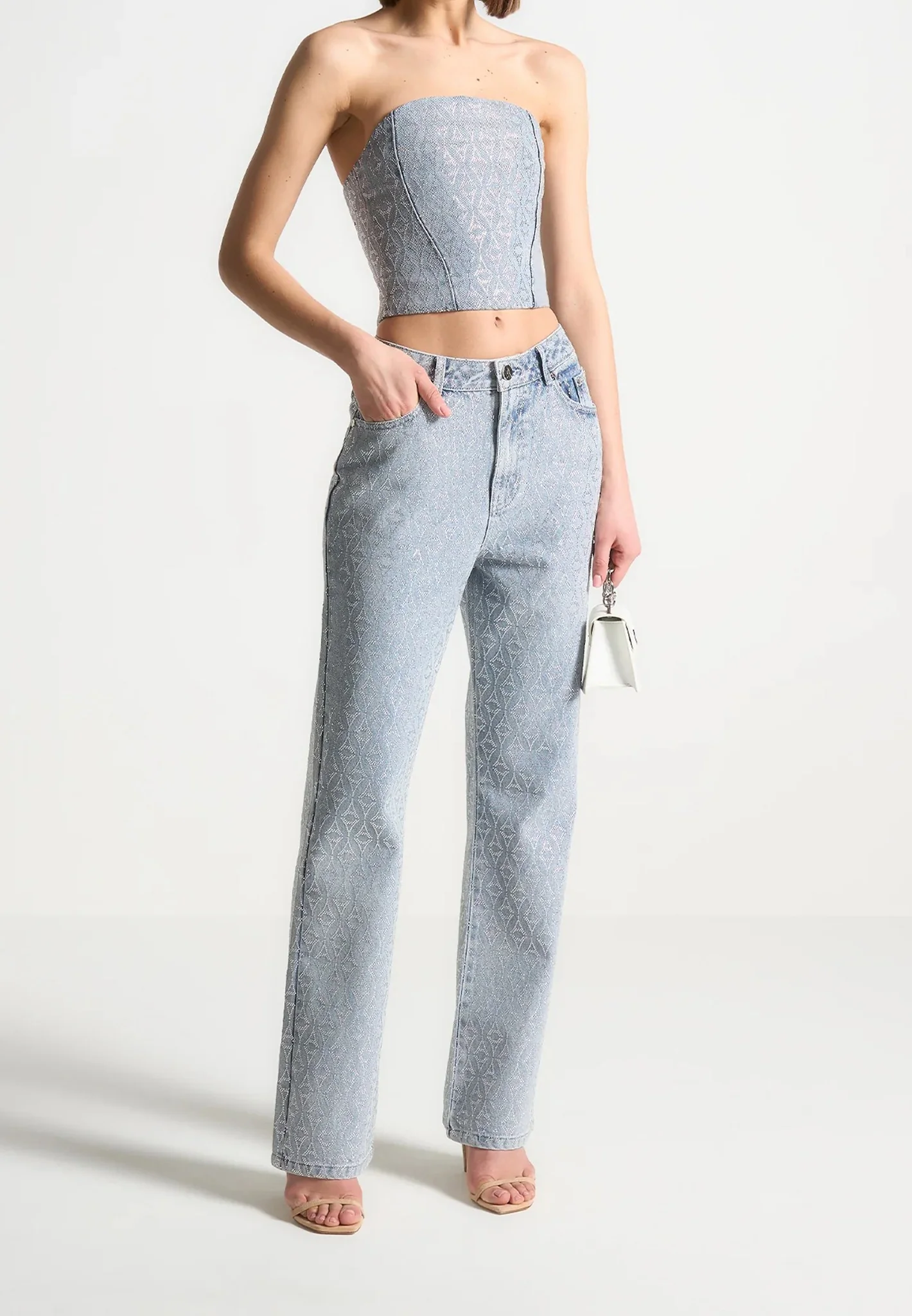 Alma - Rhinestone Eiffel Straight Leg Jeans - Mid Blue - Image 2
