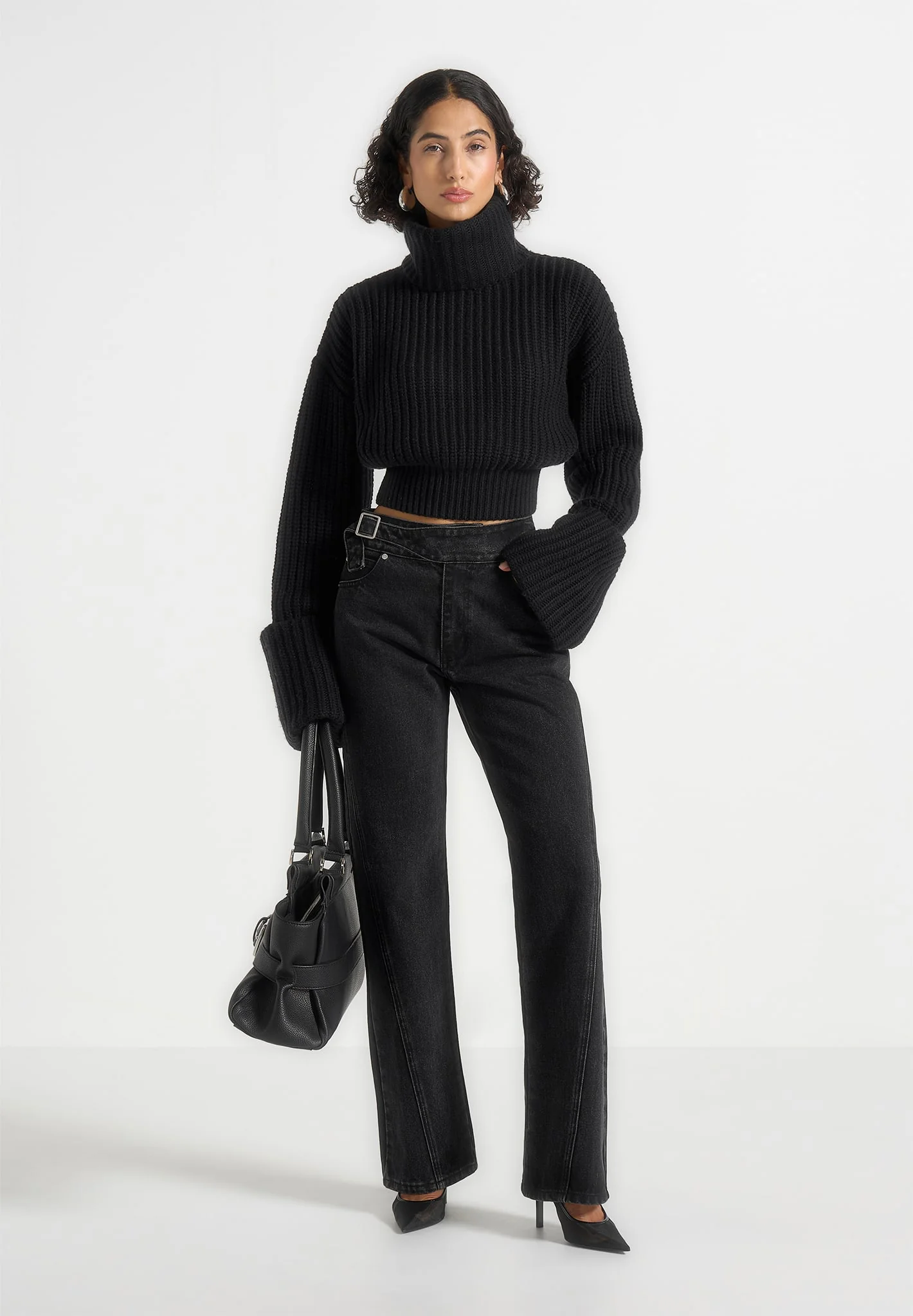 Amaya - Roll Neck Knit Jumper With Cuffs - Black - Image 2