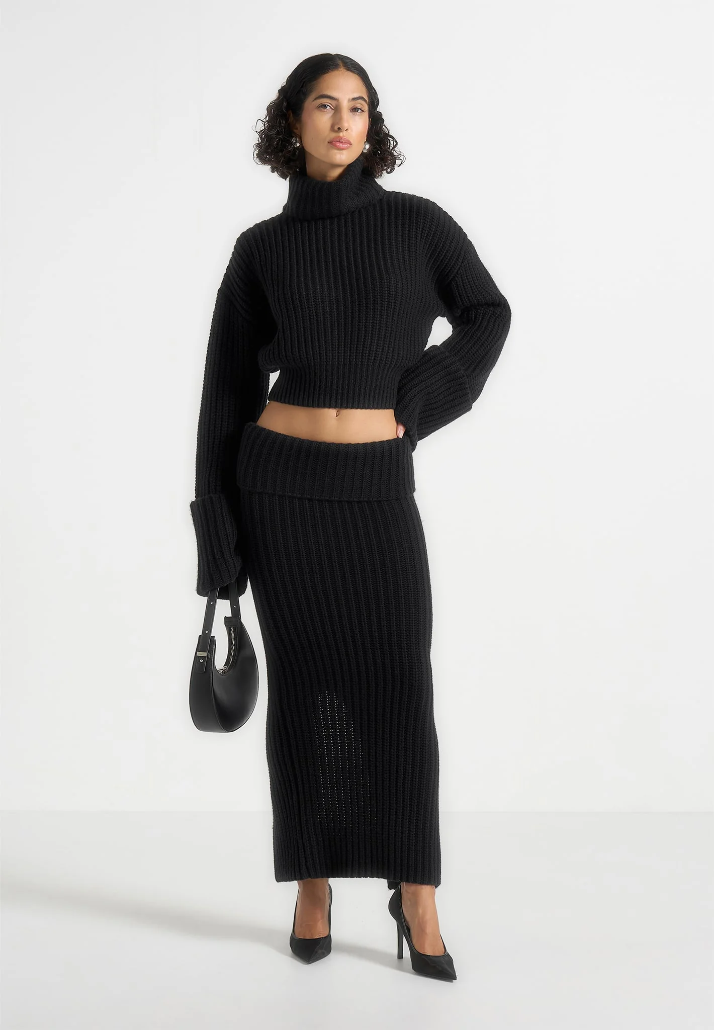 Amaya - Roll Neck Knit Jumper With Cuffs - Black - Image 3