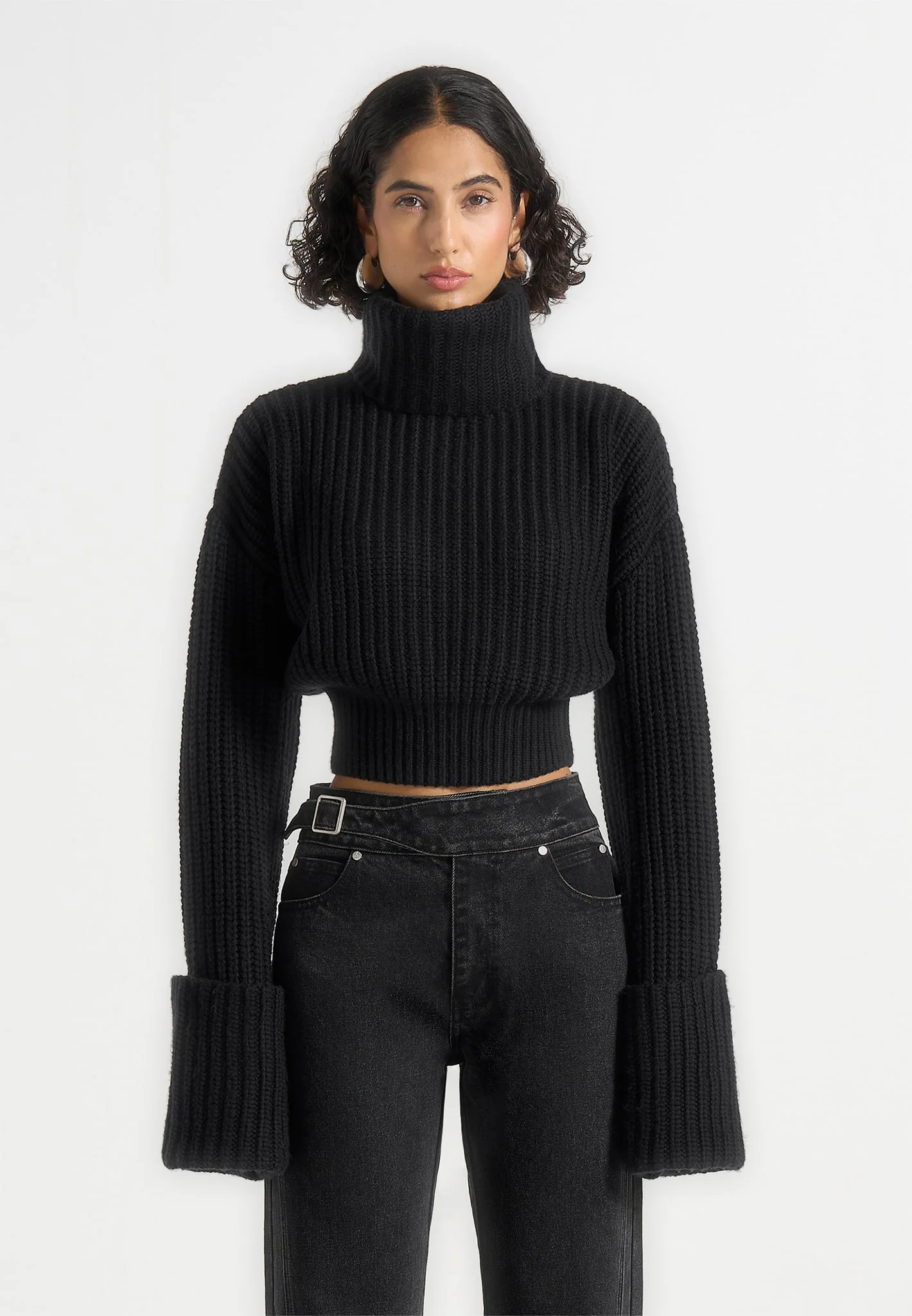 Amaya - Roll Neck Knit Jumper With Cuffs - Black - Image 4