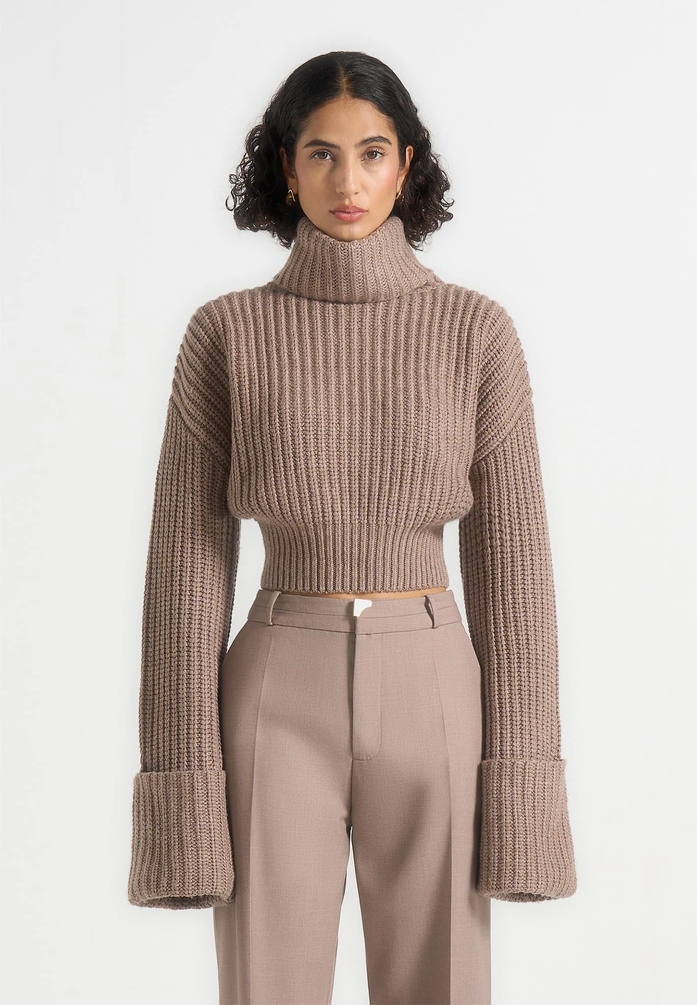 Amaya - Roll Neck Knit Jumper With Cuffs - Taupe - Image 3