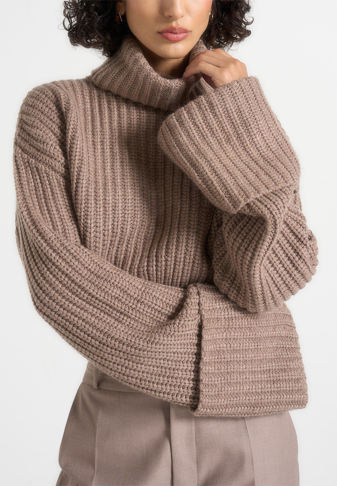 Amaya - Roll Neck Knit Jumper With Cuffs - Taupe - Image 5