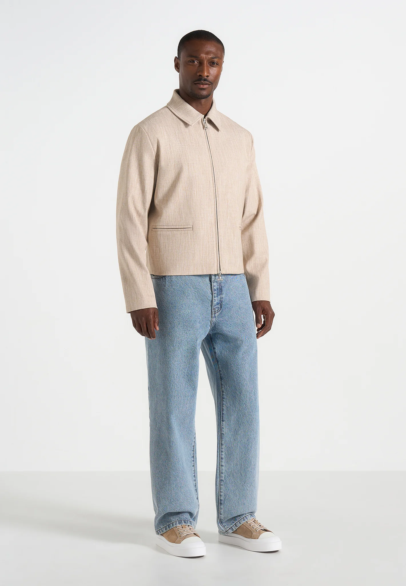 Amir - Boxy Hatched Harrington Jacket - Beige