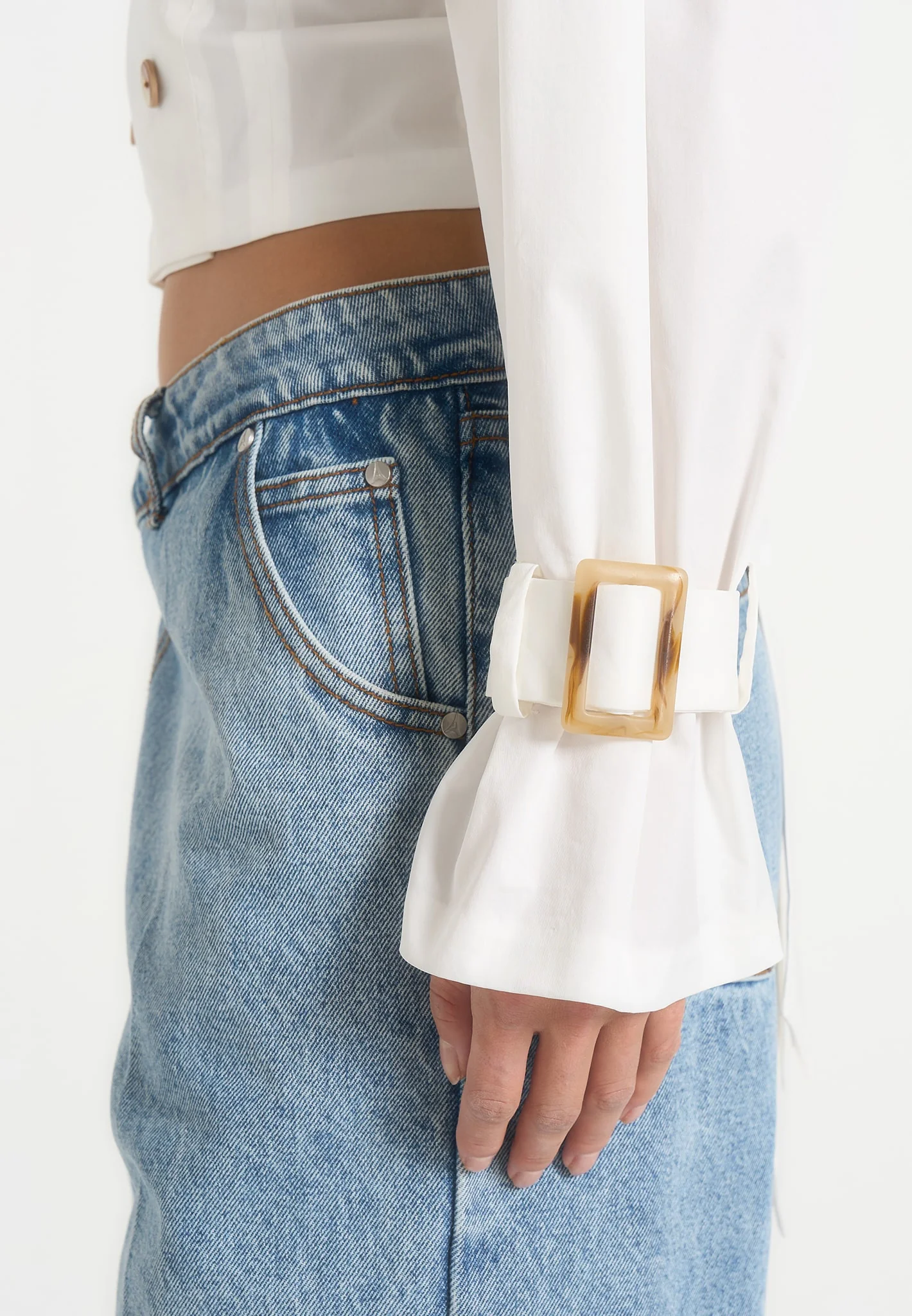 Andrea - Cropped Double-Breasted Open Back Tie Shirt - White - Image 4