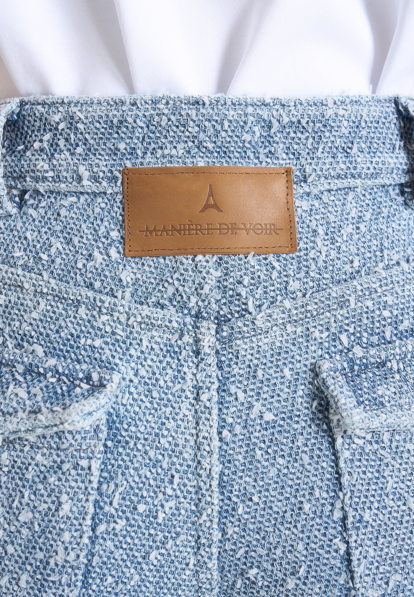 Anne - Denim High Waisted Boucle Cargo Pants - Mid Blue - Image 3