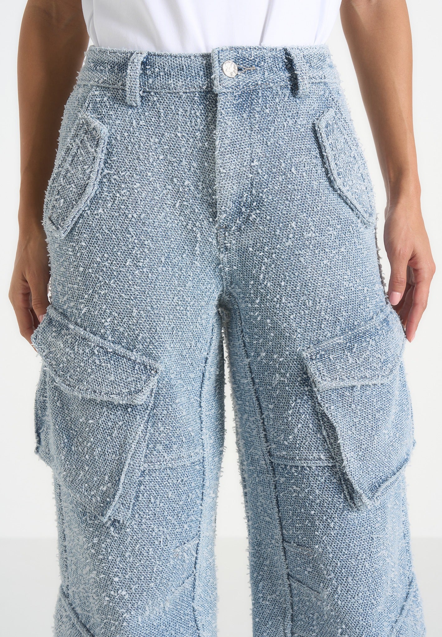 Anne - Denim High Waisted Boucle Cargo Pants - Mid Blue - Image 4