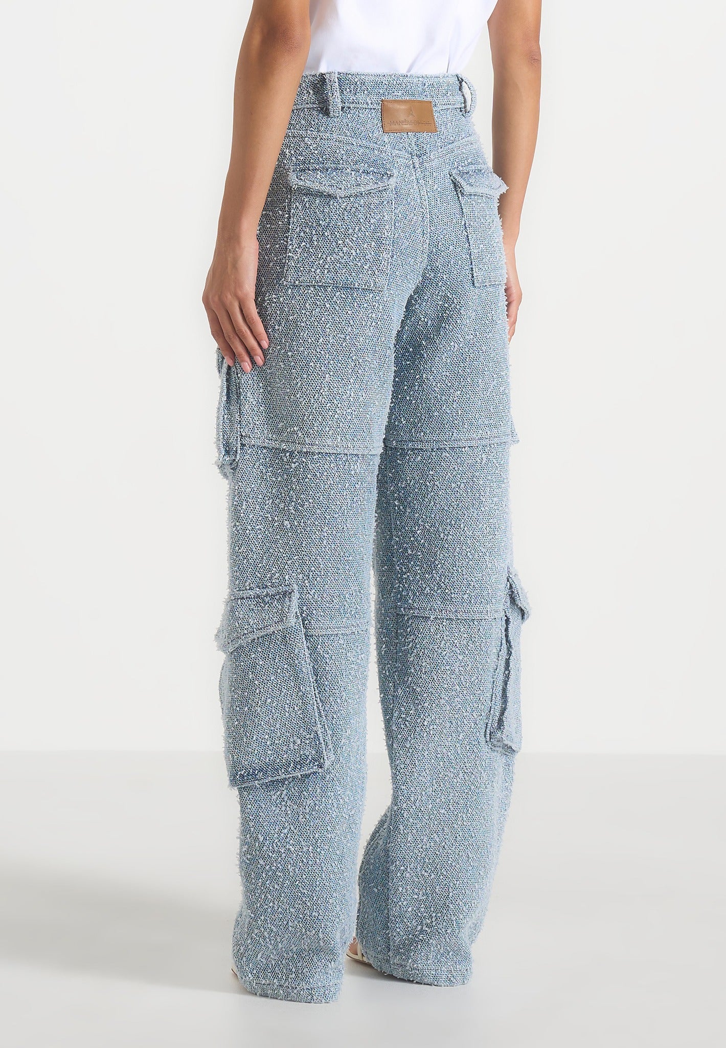Anne - Denim High Waisted Boucle Cargo Pants - Mid Blue - Image 6