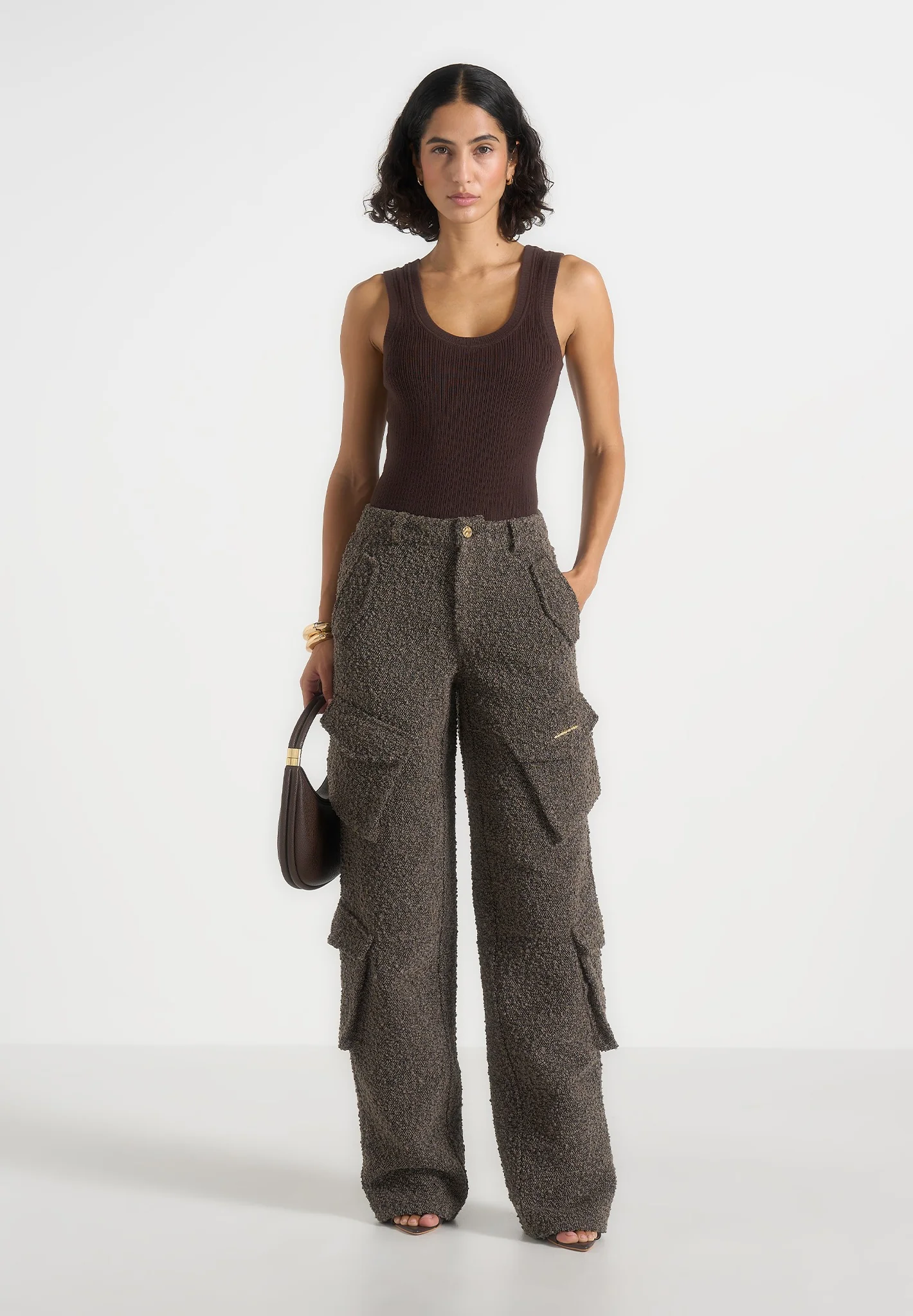 Anne - High Waisted Boucle Denim Cargo Pants - Brown