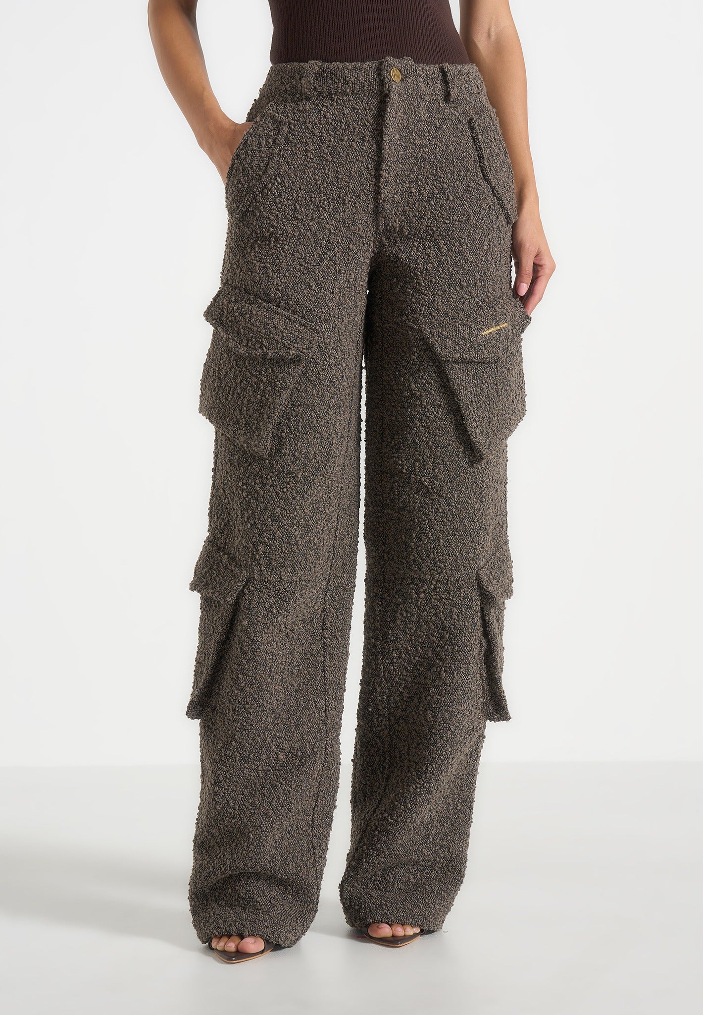Anne - High Waisted Boucle Denim Cargo Pants - Brown - Image 2