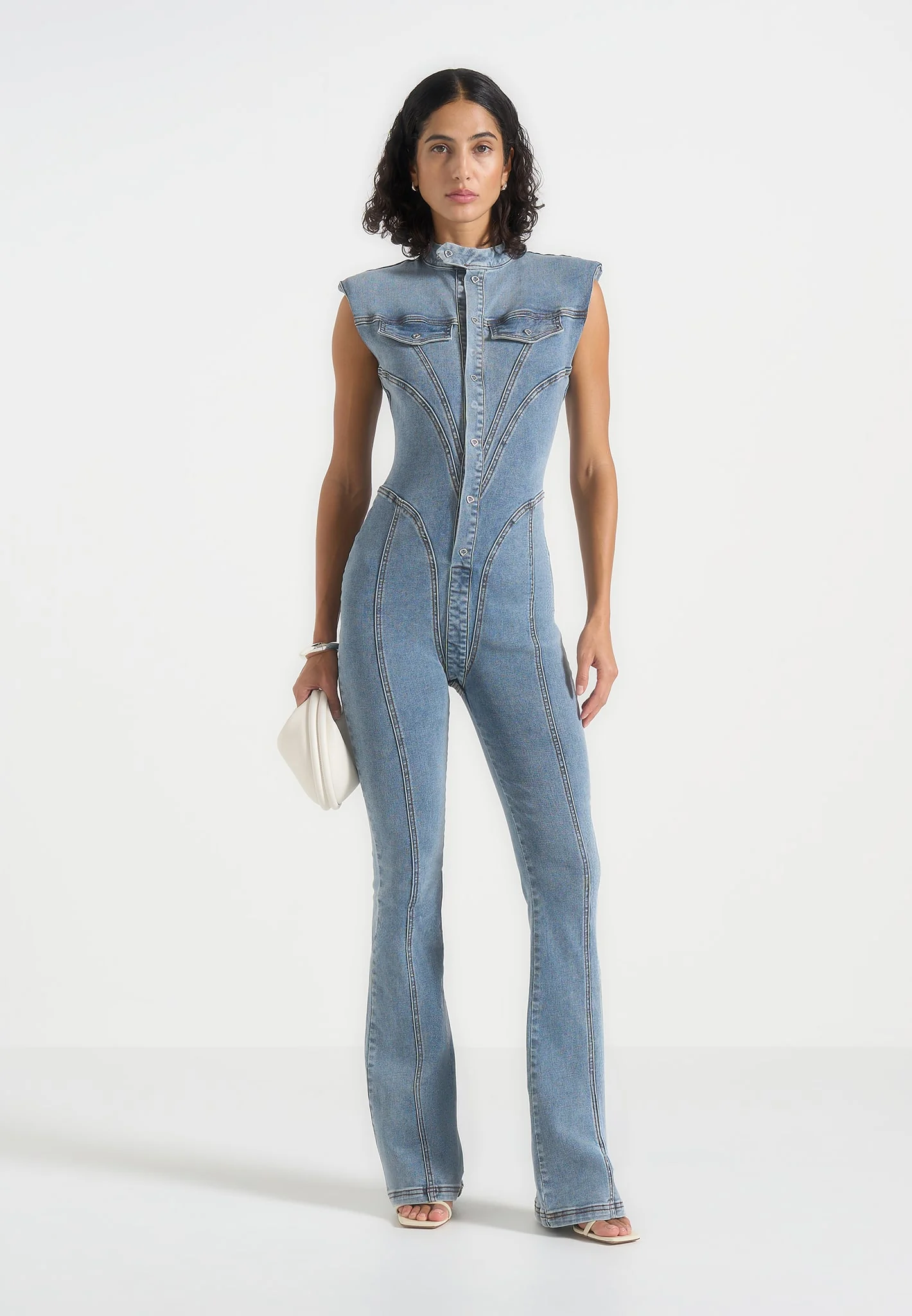 Annette - Seam Detail Fit & Flare Denim Jumpsuit - Mid Blue