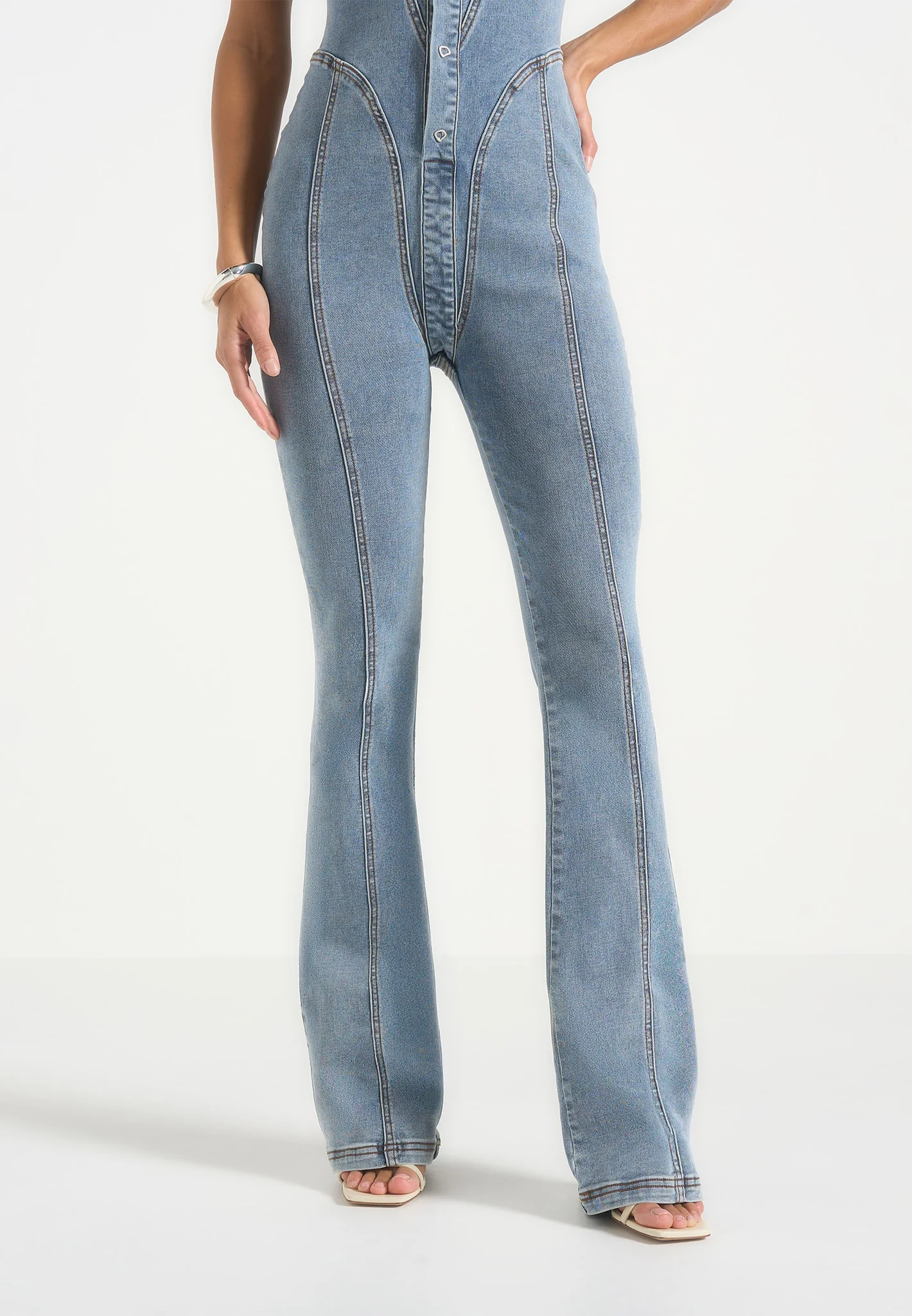Annette - Seam Detail Fit & Flare Denim Jumpsuit - Mid Blue - Image 4