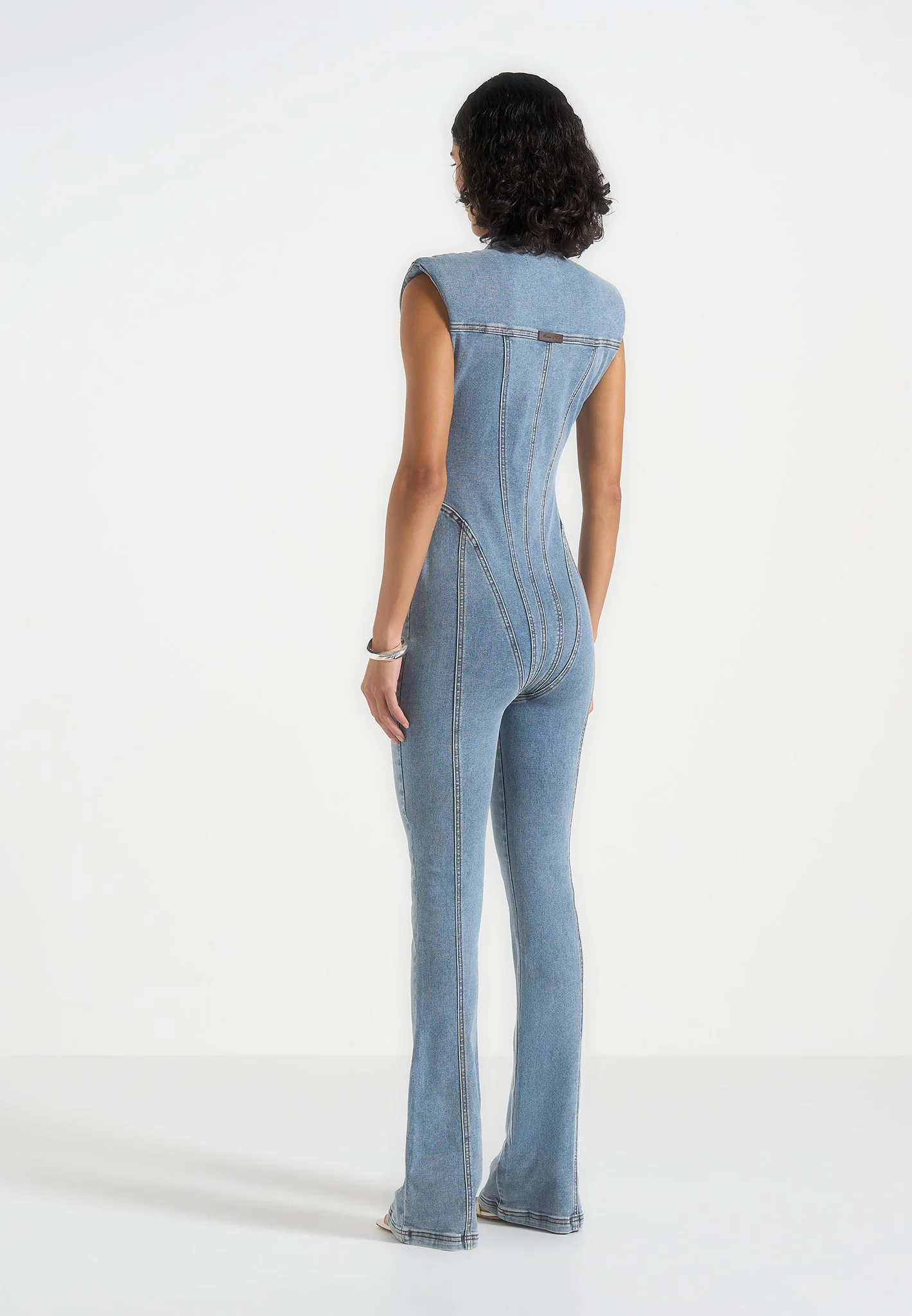 Annette - Seam Detail Fit & Flare Denim Jumpsuit - Mid Blue - Image 6