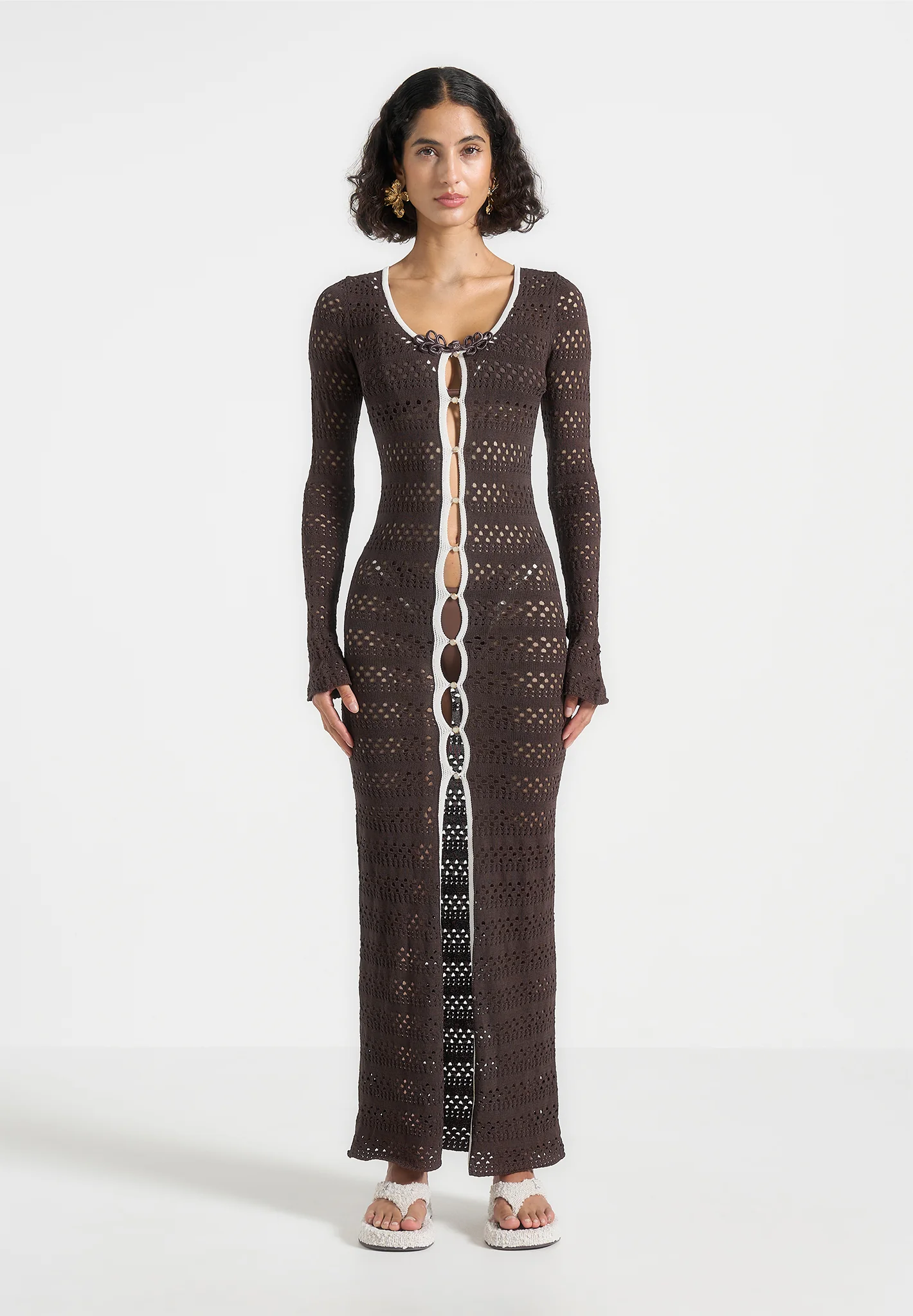 Aria - Pointelle Knit Cover Up - Brown/Cream - Image 3