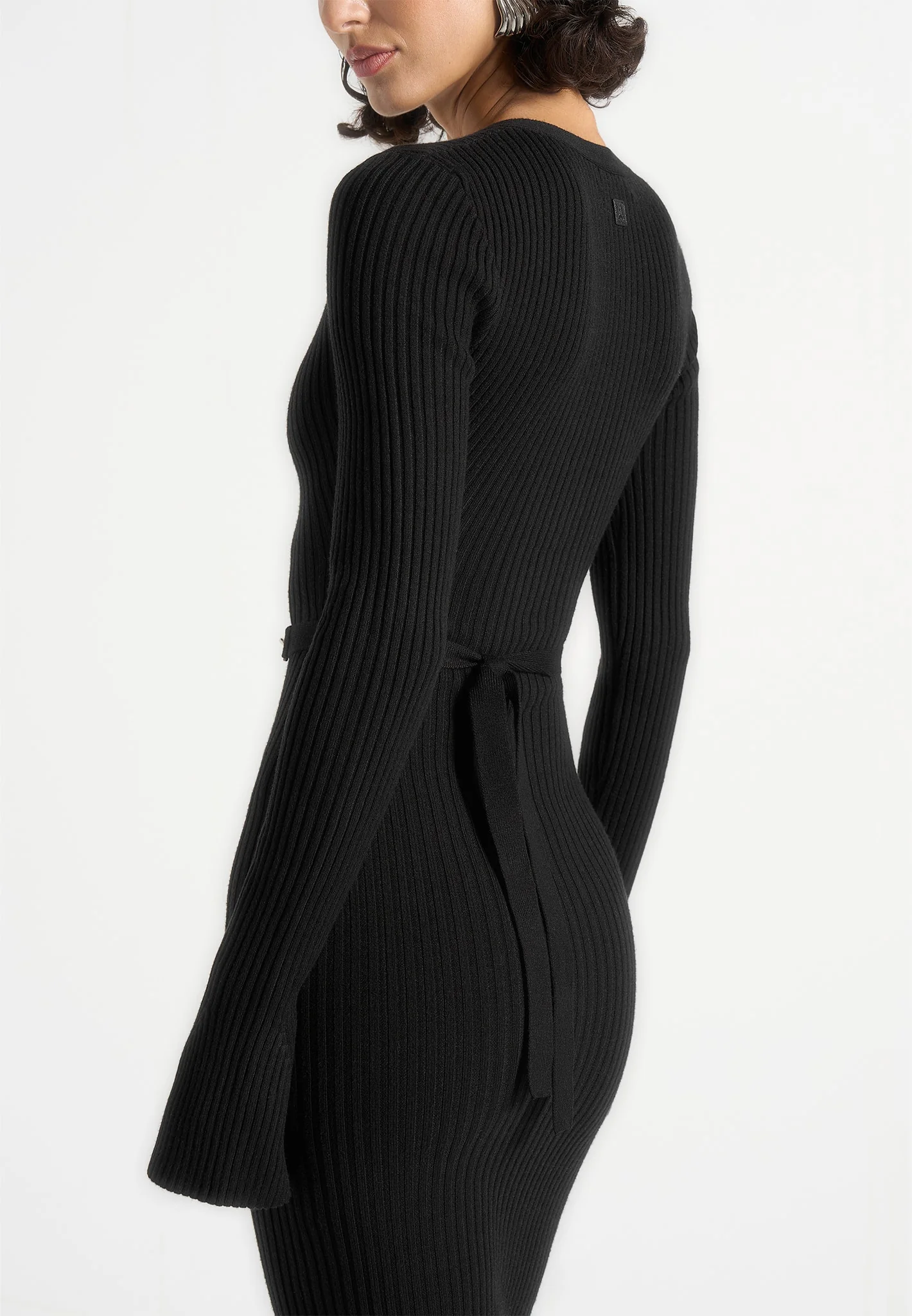 Assia - Long Sleeve Knitted Maxi Dress With Belt - Black - Image 3
