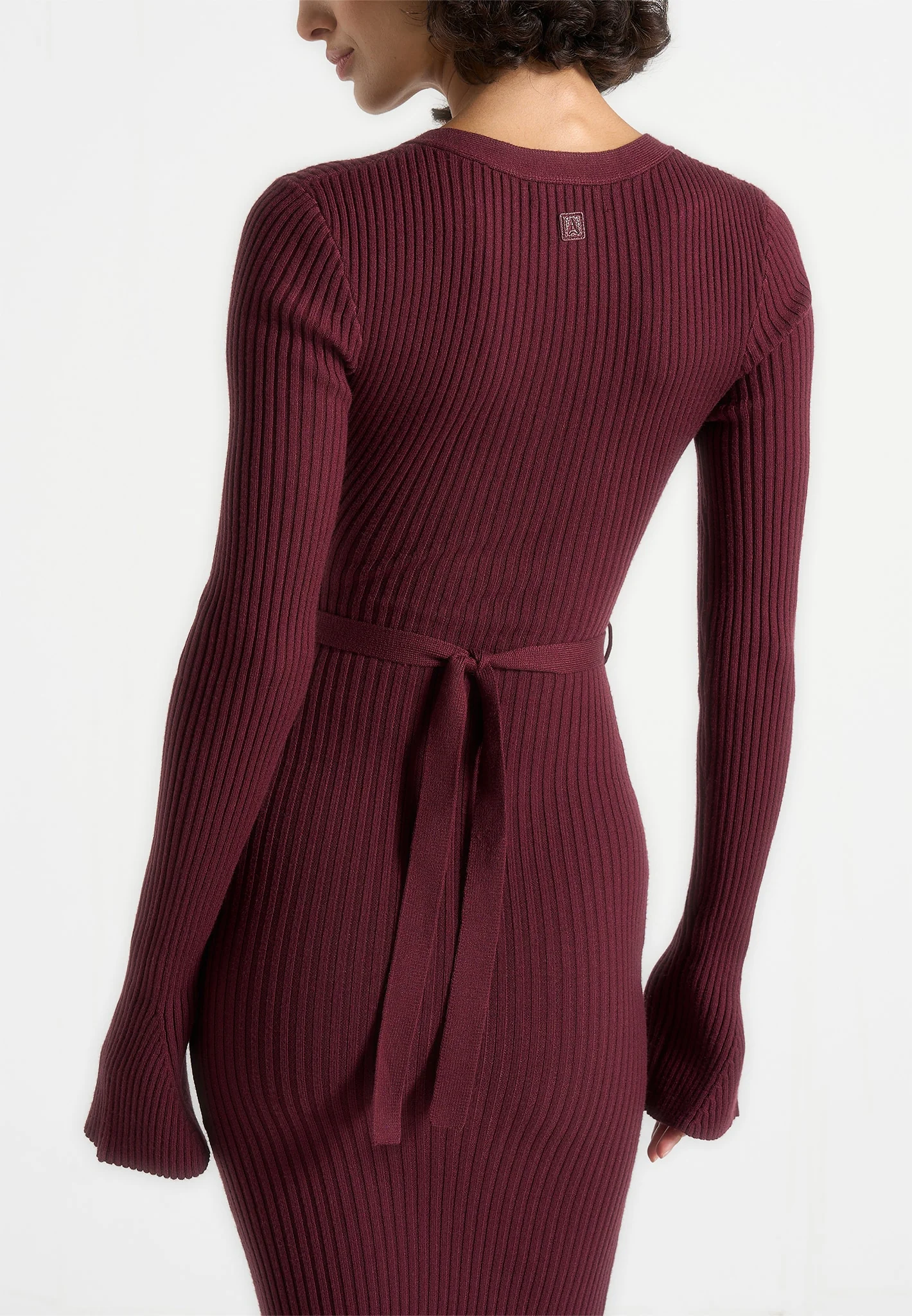Assia - Long Sleeve Knitted Maxi Dress With Belt - Wine Red - Image 4