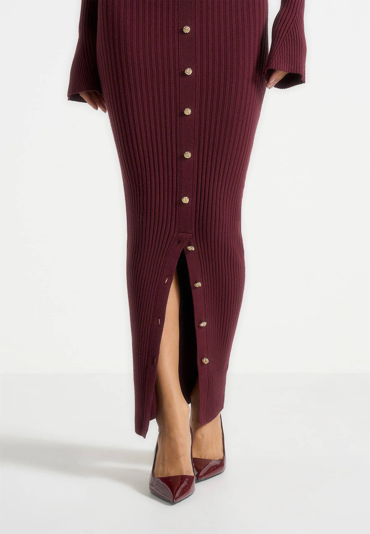 Assia - Long Sleeve Knitted Maxi Dress With Belt - Wine Red - Image 5