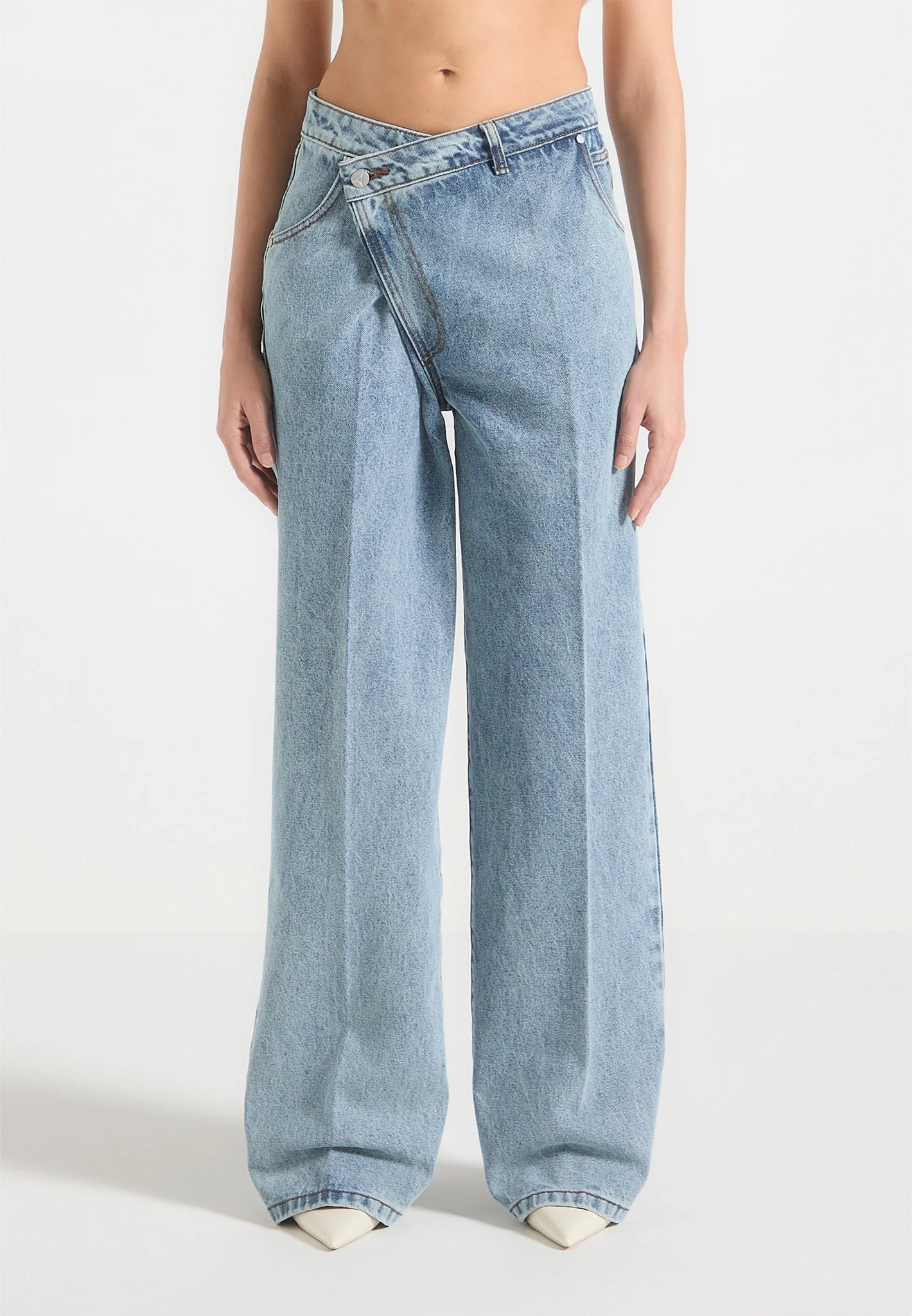 Astrid - Wrapover Wide Leg Denim Jeans - Mid Blue - Image 5