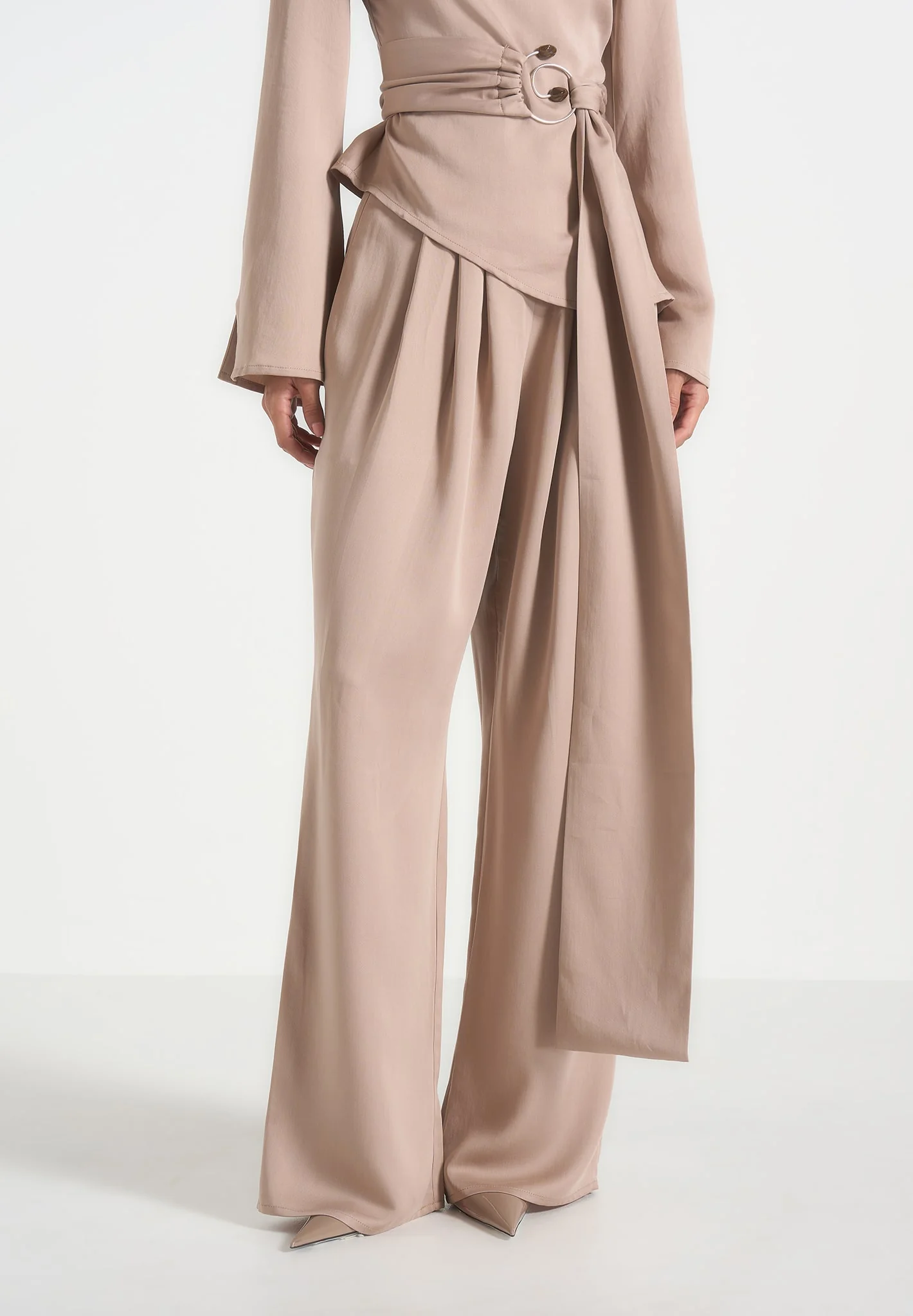 Aurore - Mock Neck Ring Belt Pleated Leg Jumpsuit - Beige - Image 2