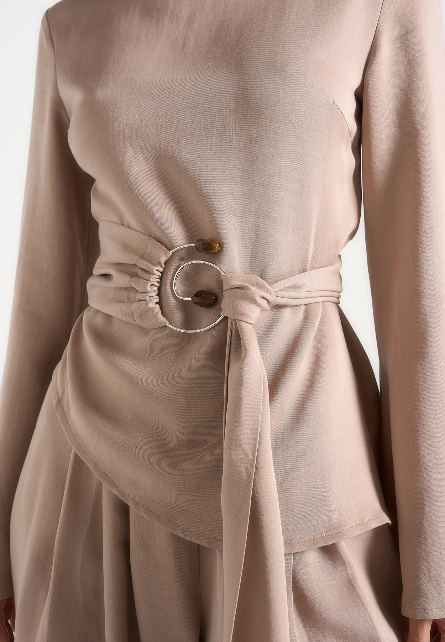 Aurore - Mock Neck Ring Belt Pleated Leg Jumpsuit - Beige - Image 4