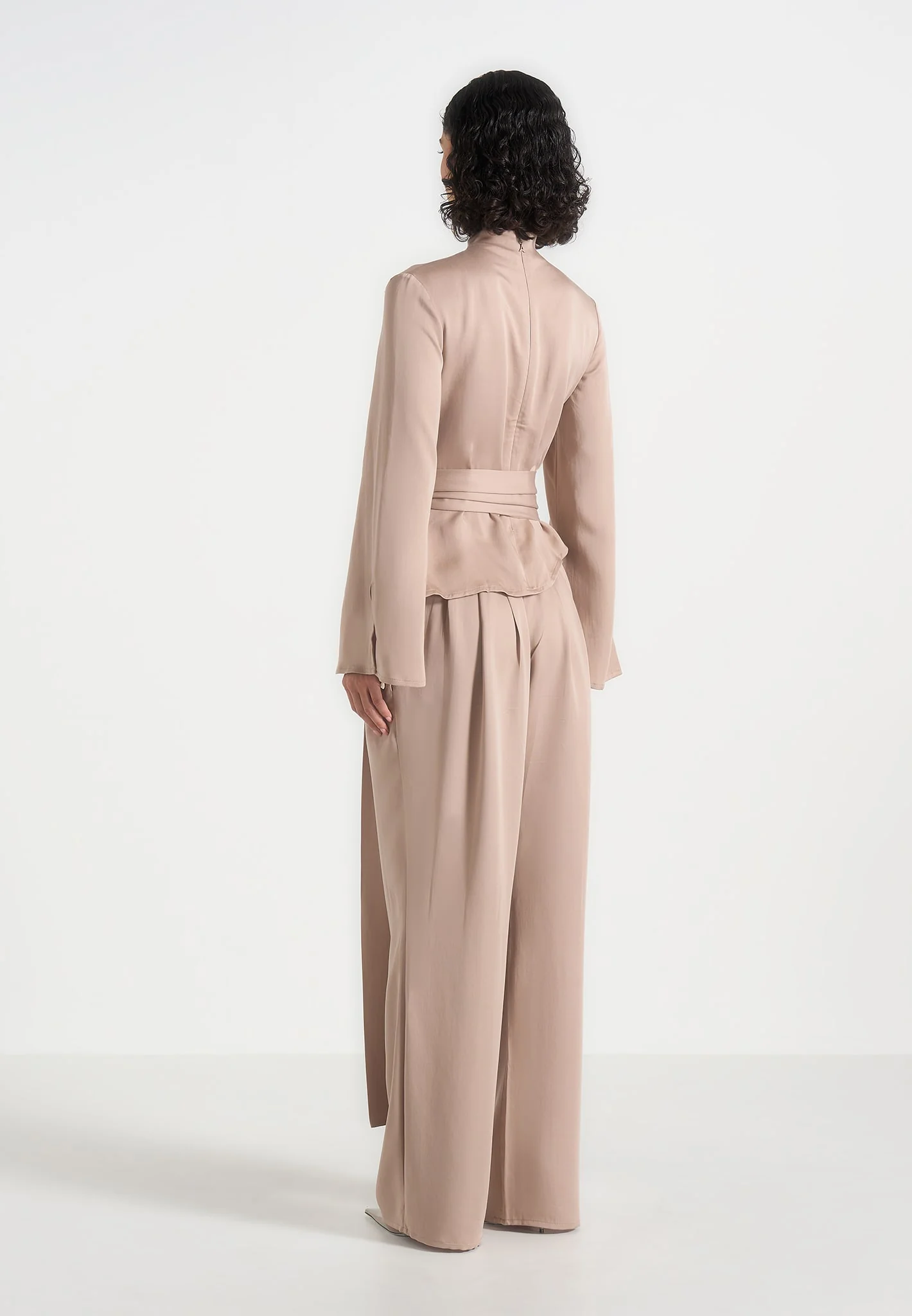 Aurore - Mock Neck Ring Belt Pleated Leg Jumpsuit - Beige - Image 5