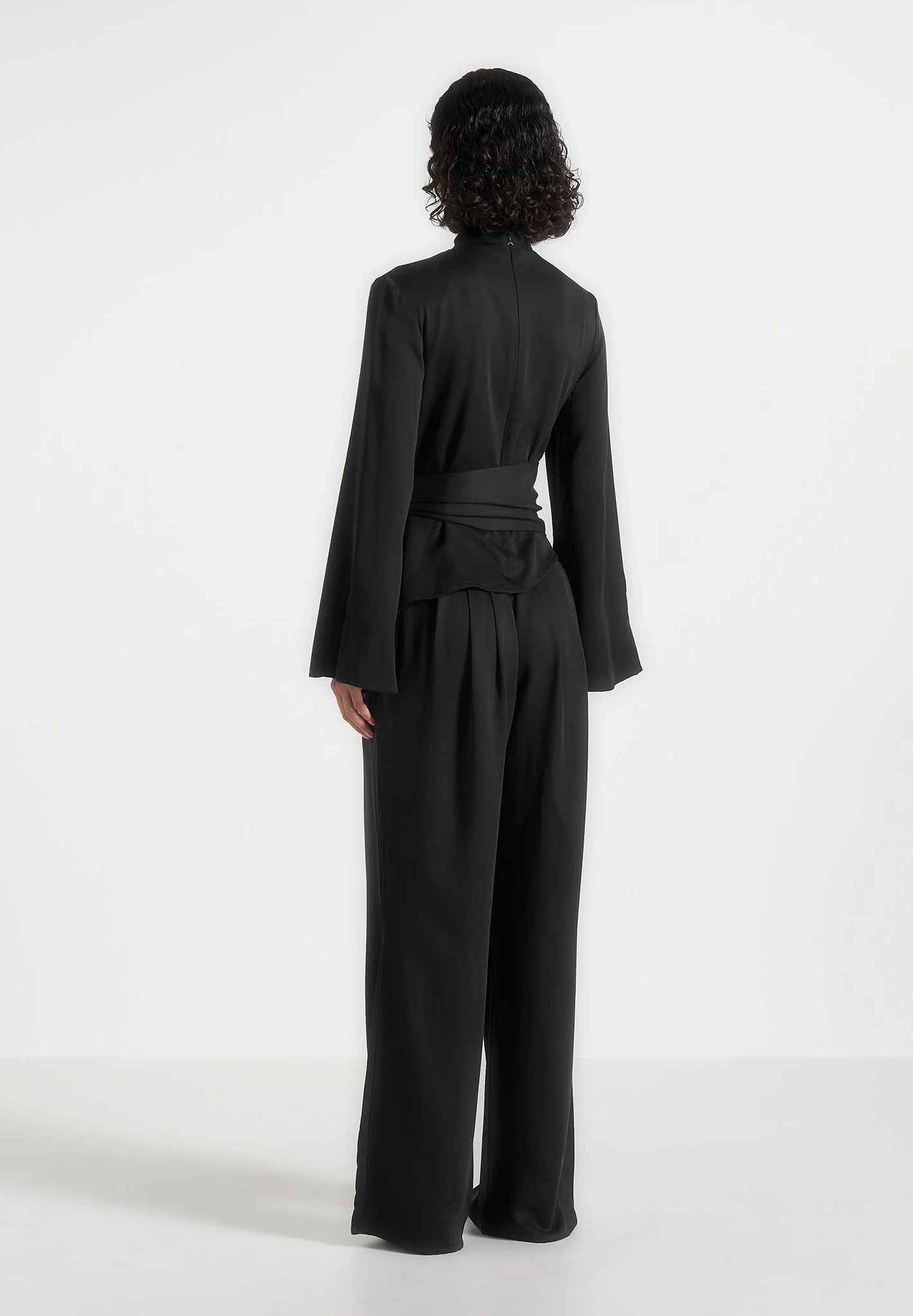 Aurore - Mock Neck Ring Belt Pleated Leg Jumpsuit - Black - Image 4