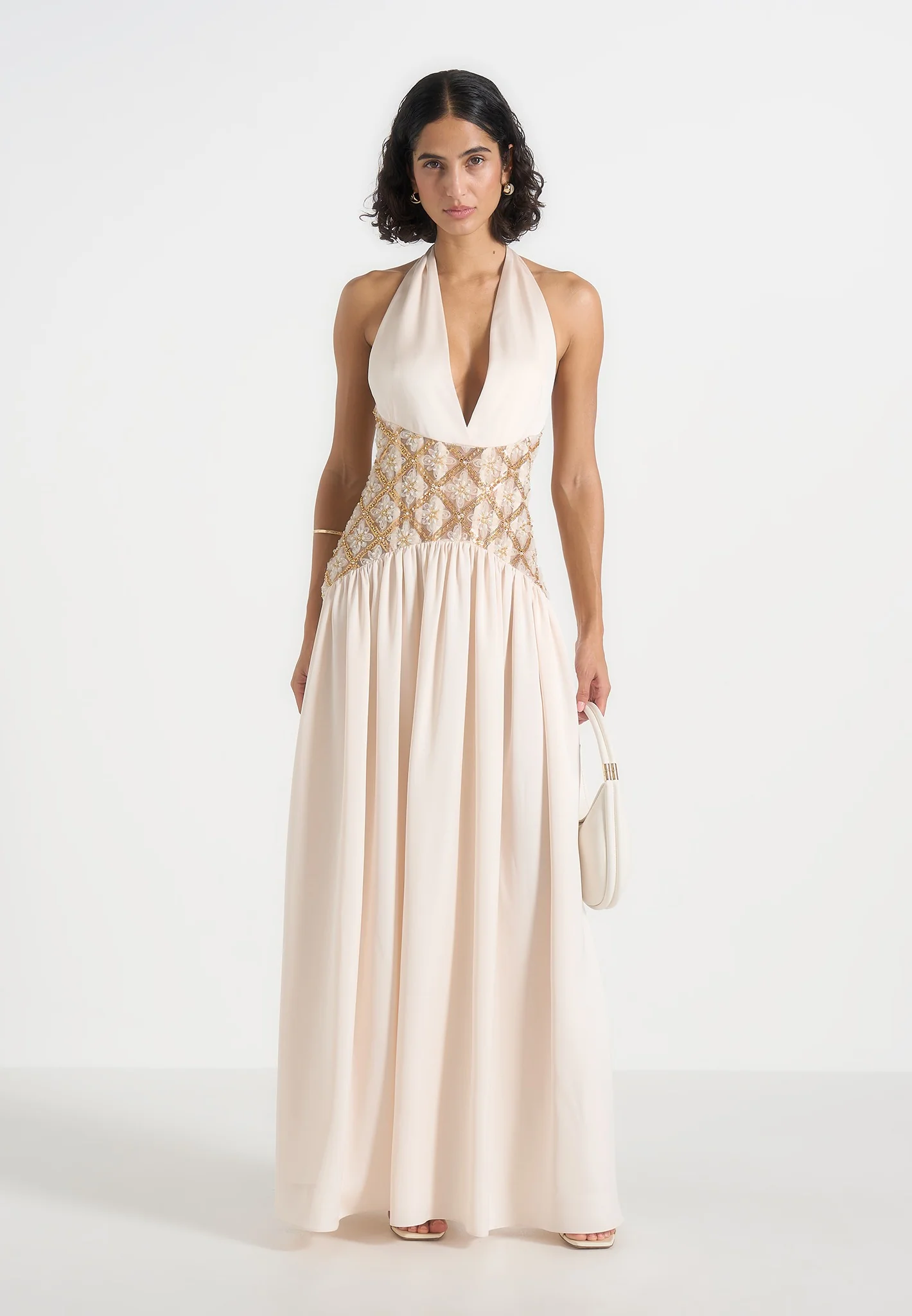 Ava - Halterneck Embellished Corset Gathered Maxi Dress - Cream