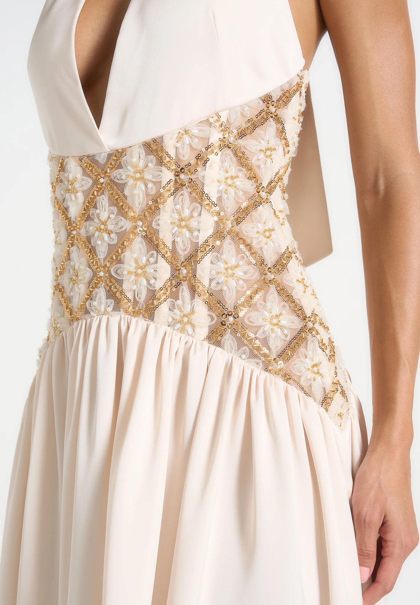 Ava - Halterneck Embellished Corset Gathered Maxi Dress - Cream - Image 2