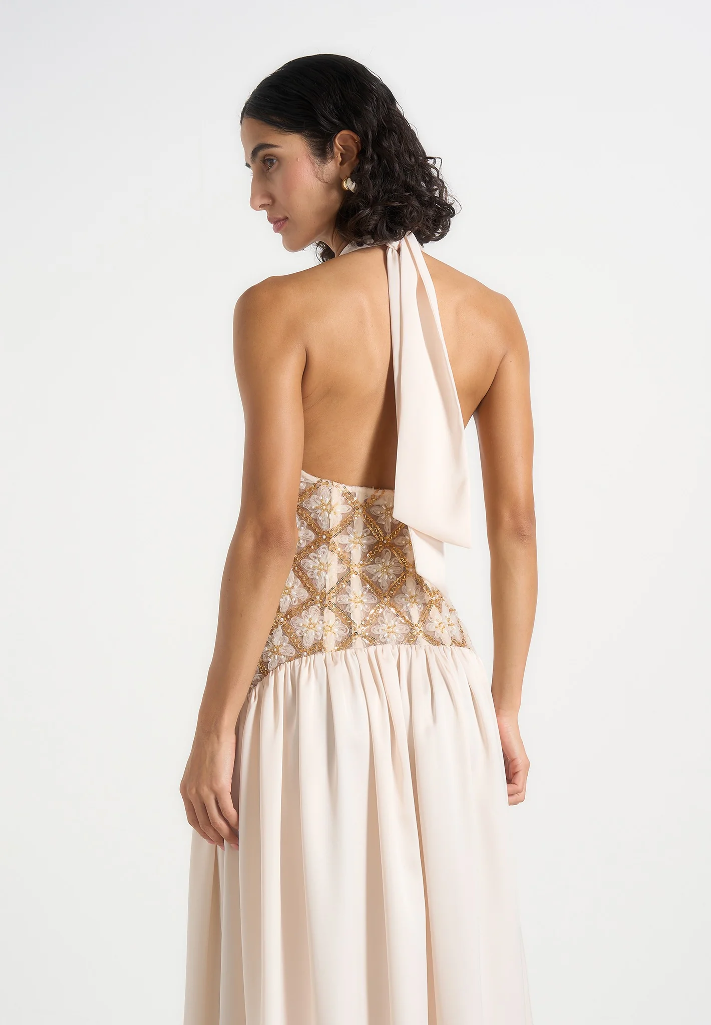 Ava - Halterneck Embellished Corset Gathered Maxi Dress - Cream - Image 3
