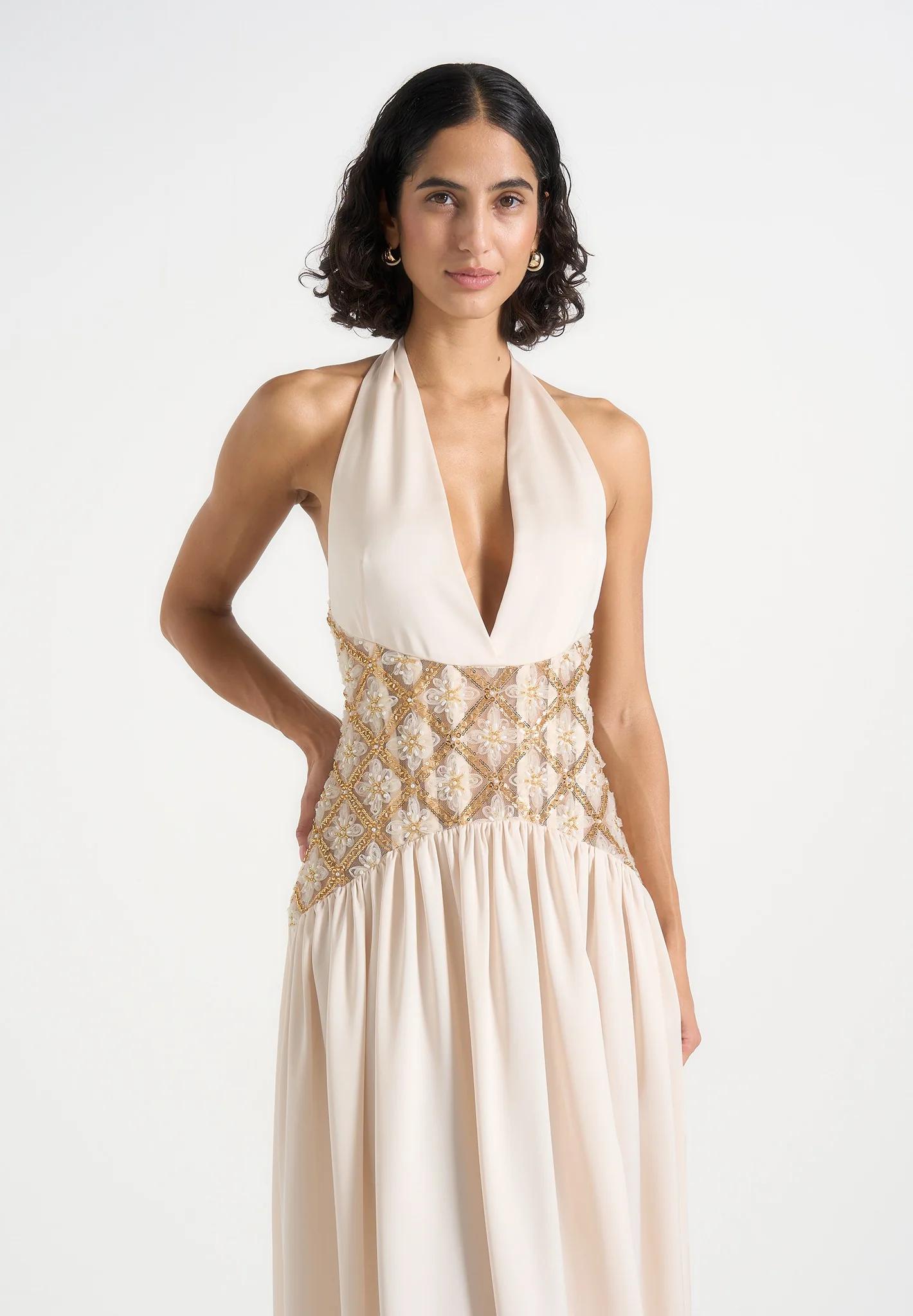 Ava - Halterneck Embellished Corset Gathered Maxi Dress - Cream - Image 4