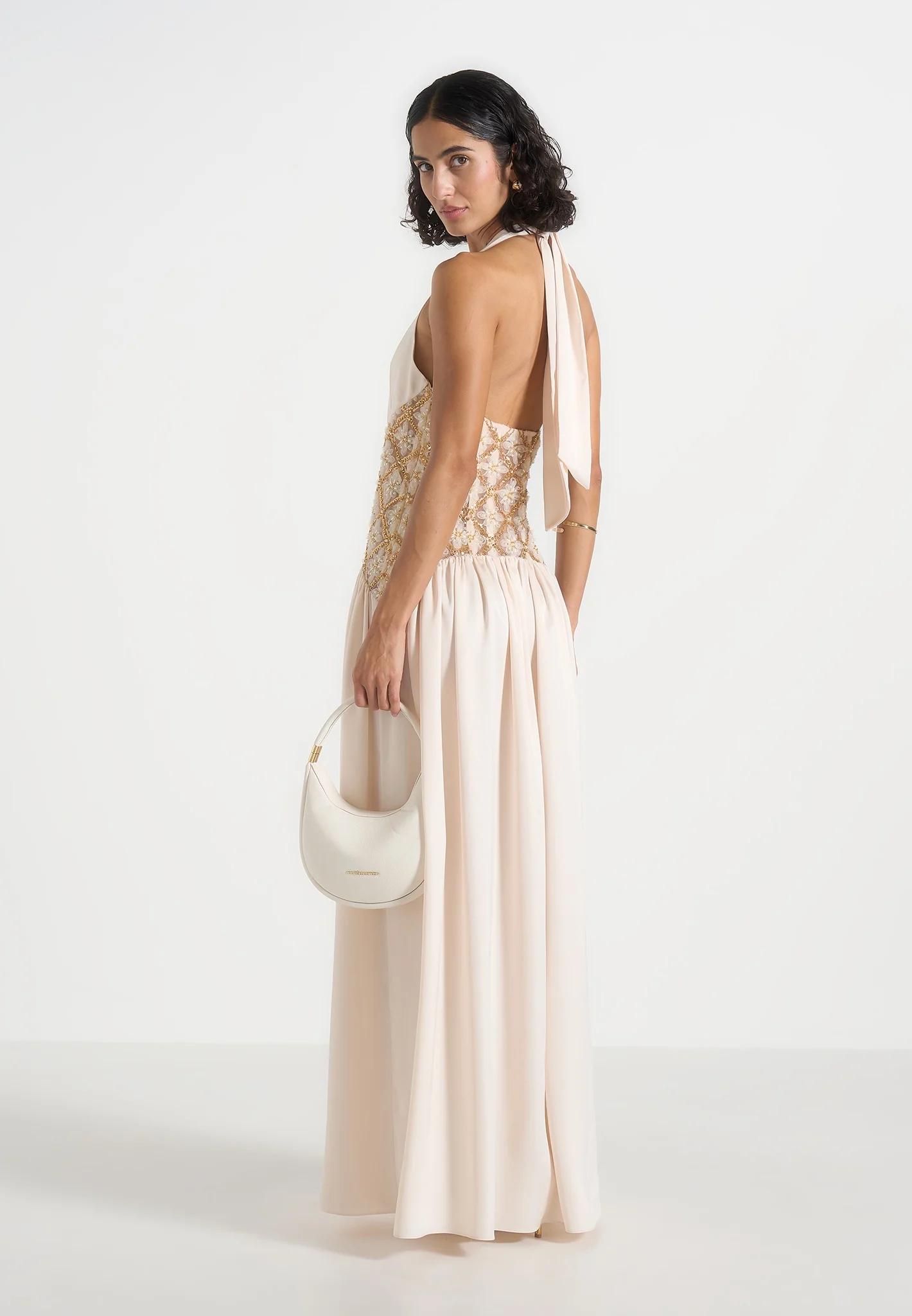 Ava - Halterneck Embellished Corset Gathered Maxi Dress - Cream - Image 5