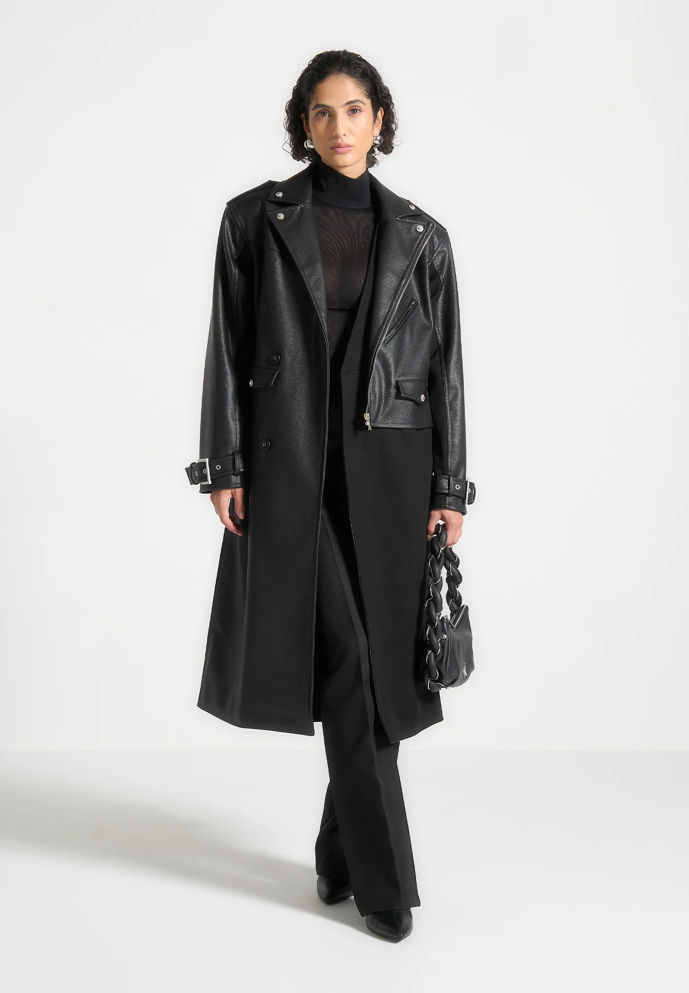 Ayleen - Leather Biker Trench Coat - Black - Image 3