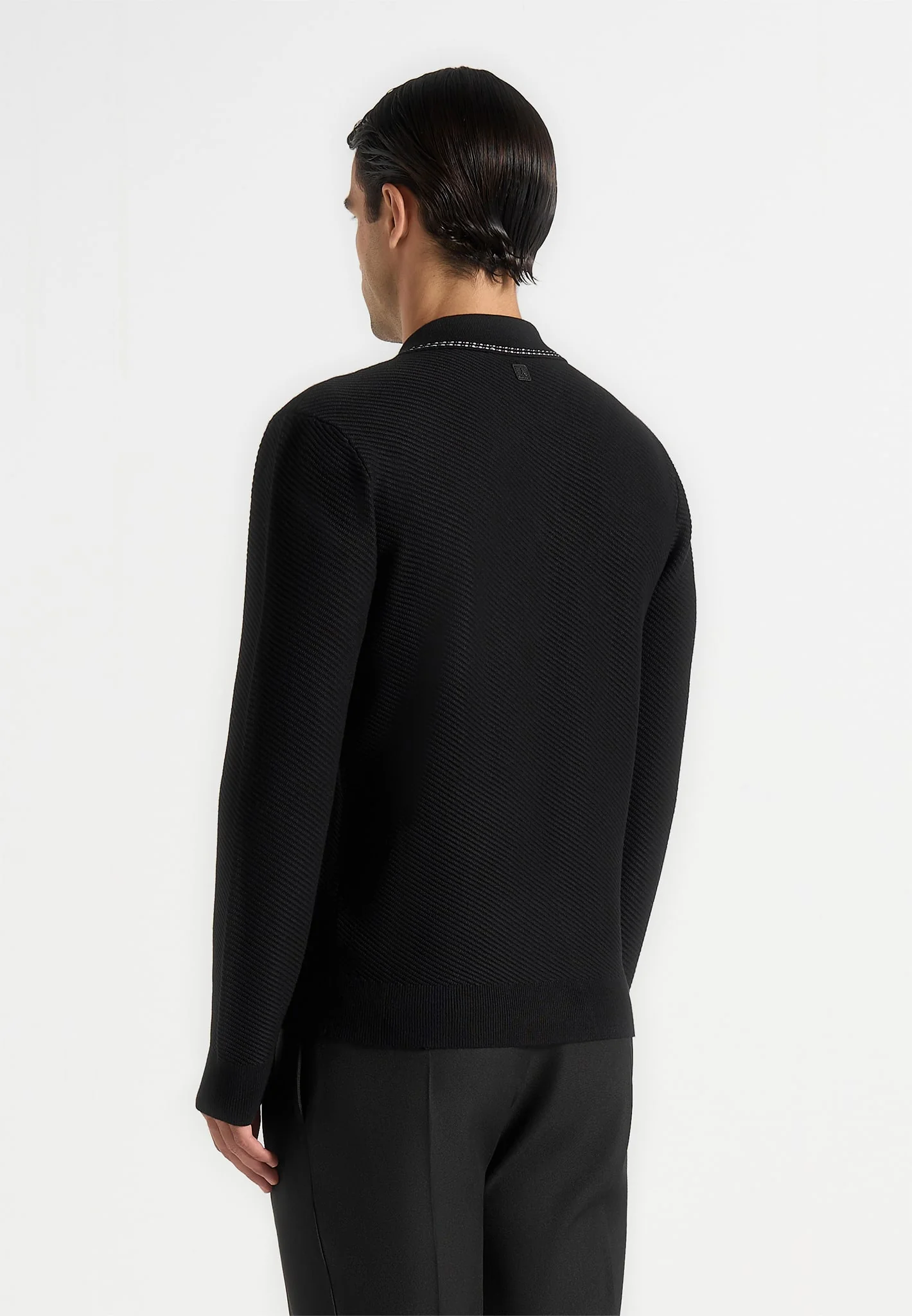 Aymeric - Whipstitch Detail Long Sleeve Knit Polo Shirt - Black - Image 5