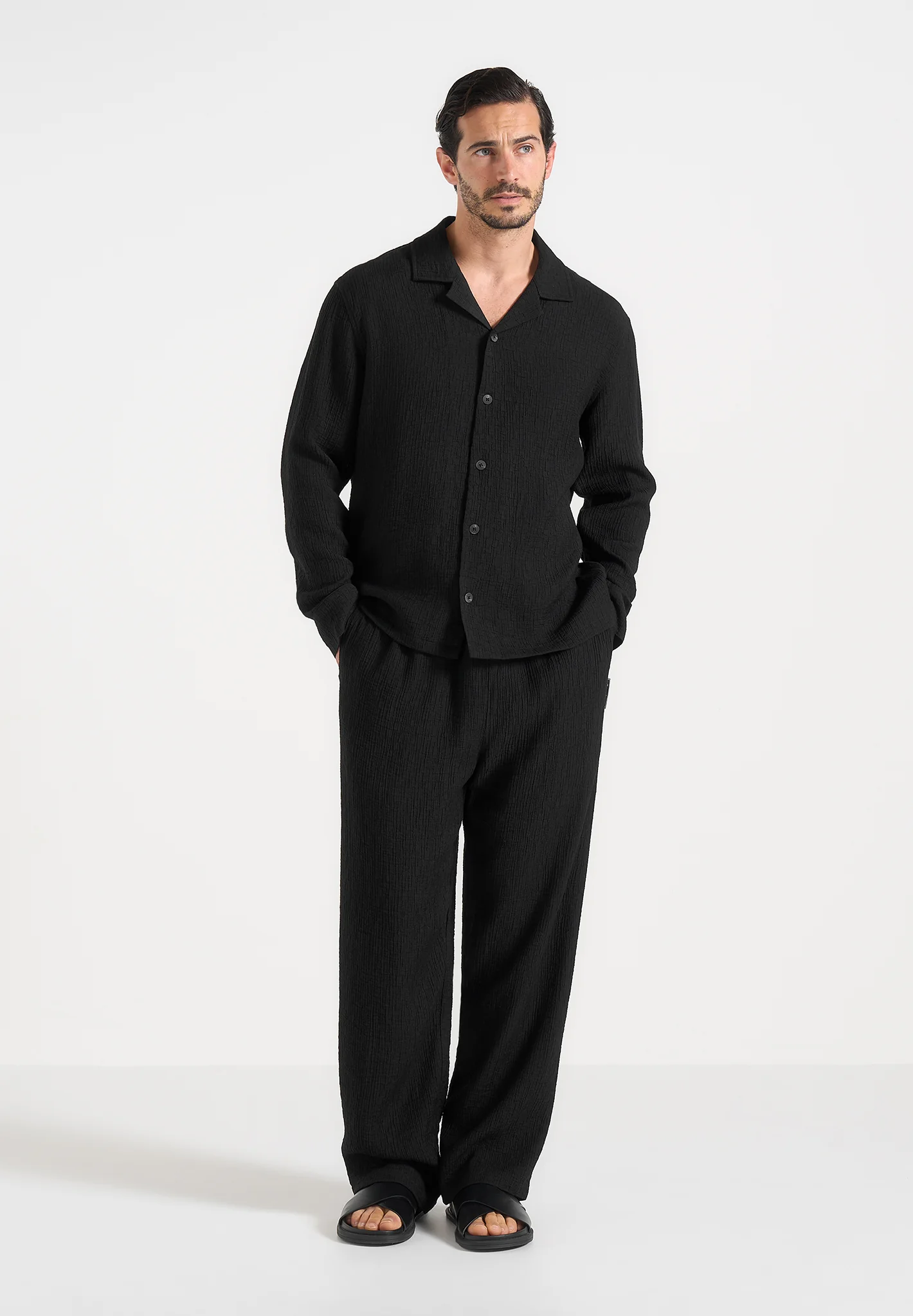 Bailey - Unisex Textured Long Sleeve Shirt - Black - Image 2