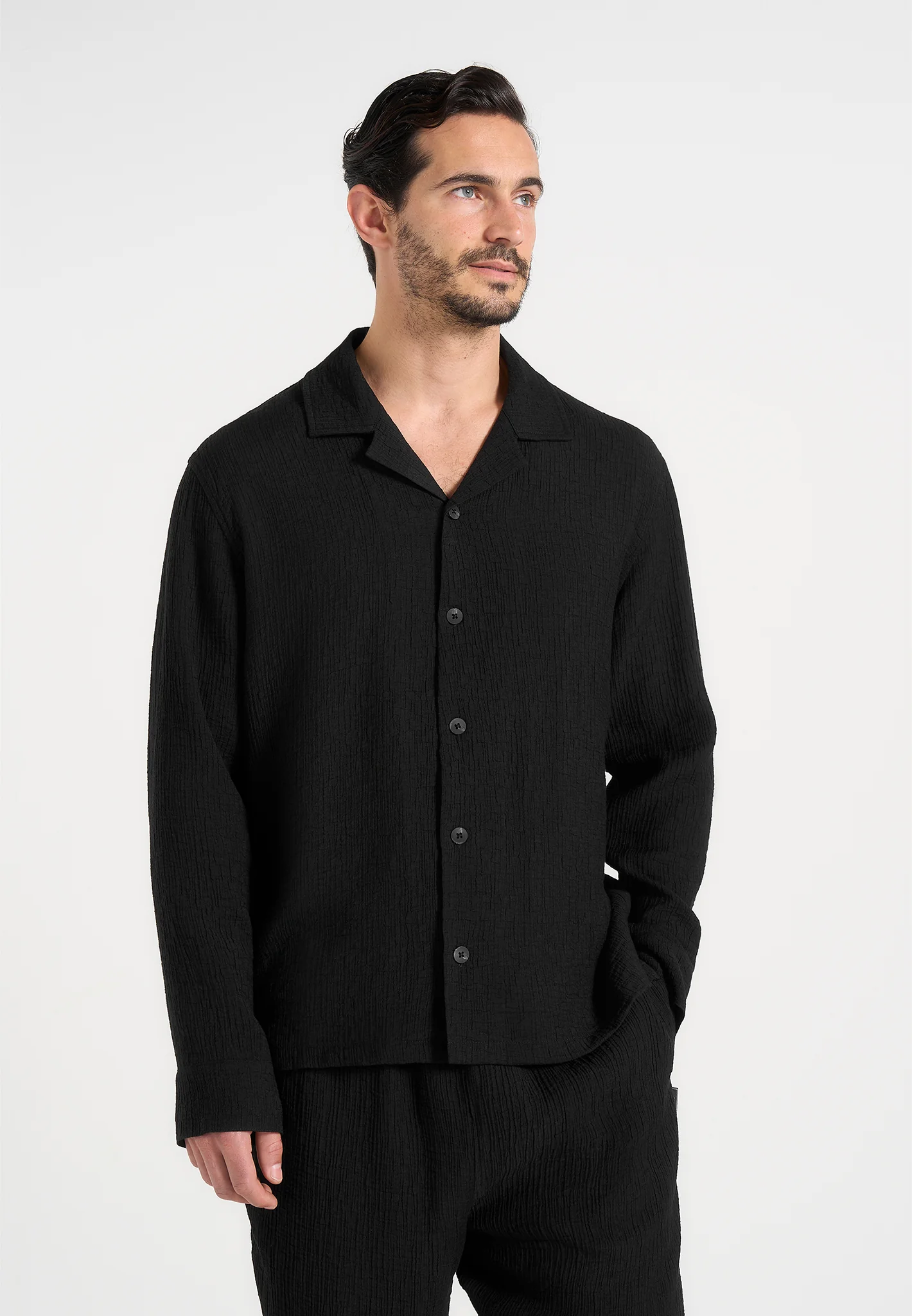 Bailey - Unisex Textured Long Sleeve Shirt - Black - Image 5