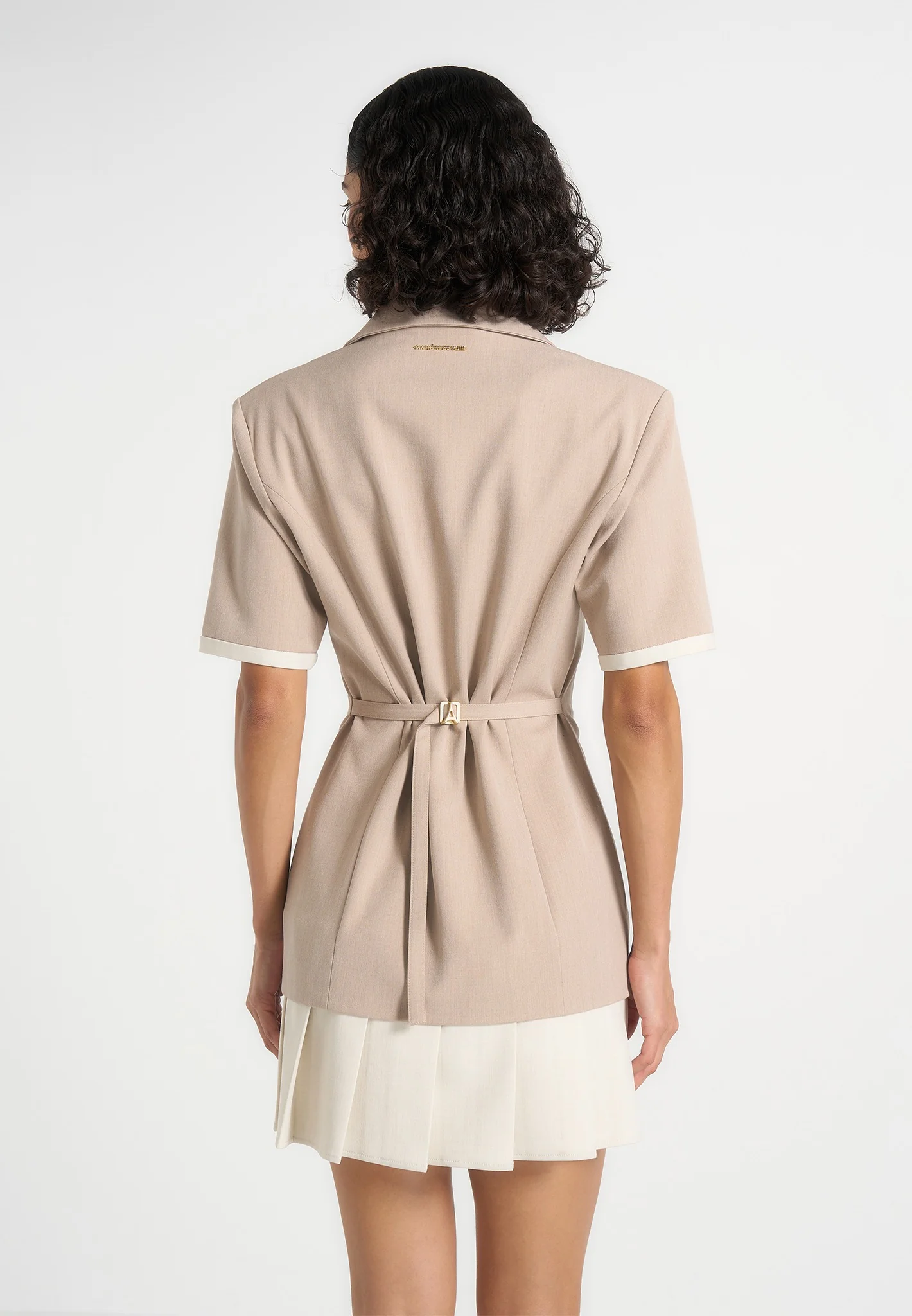 Baya - Tailored Cinch Waist Pleated Blazer Dress - Beige - Image 3