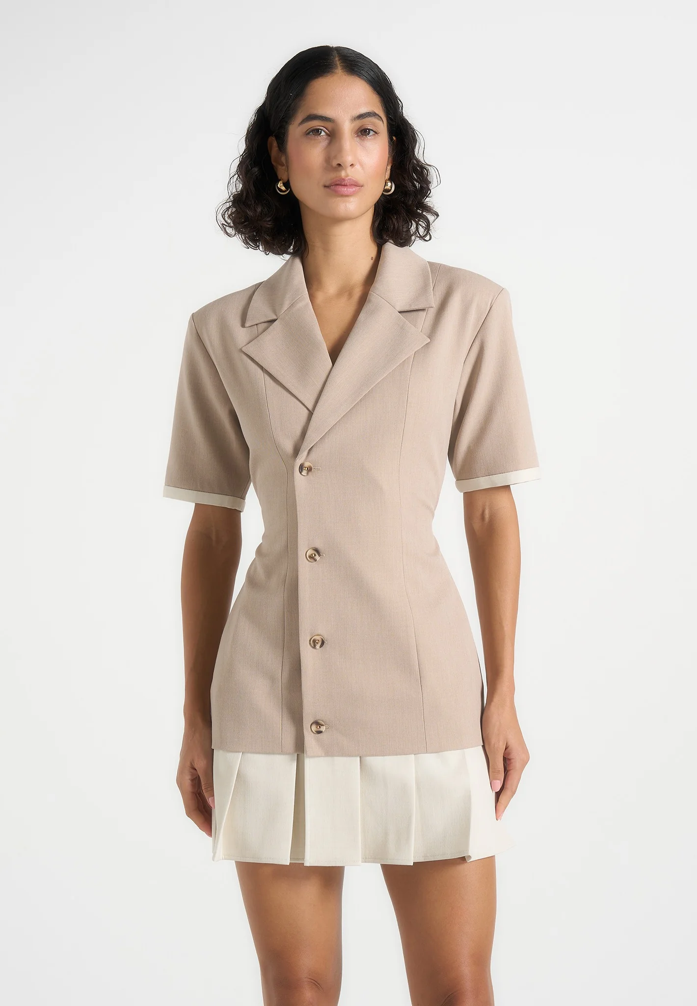 Baya - Tailored Cinch Waist Pleated Blazer Dress - Beige - Image 4