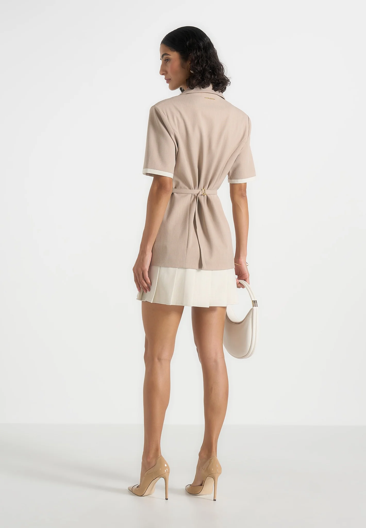 Baya - Tailored Cinch Waist Pleated Blazer Dress - Beige - Image 5