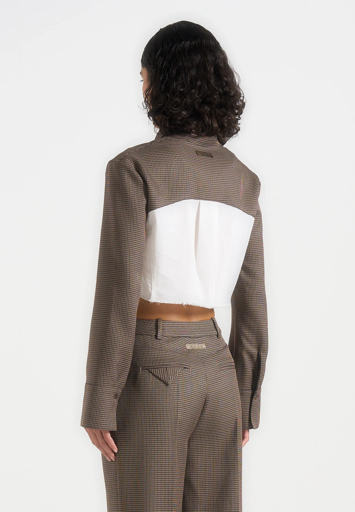 Bernadette - Houndstooth Cotton Cropped Shirt - White/Brown - Image 3