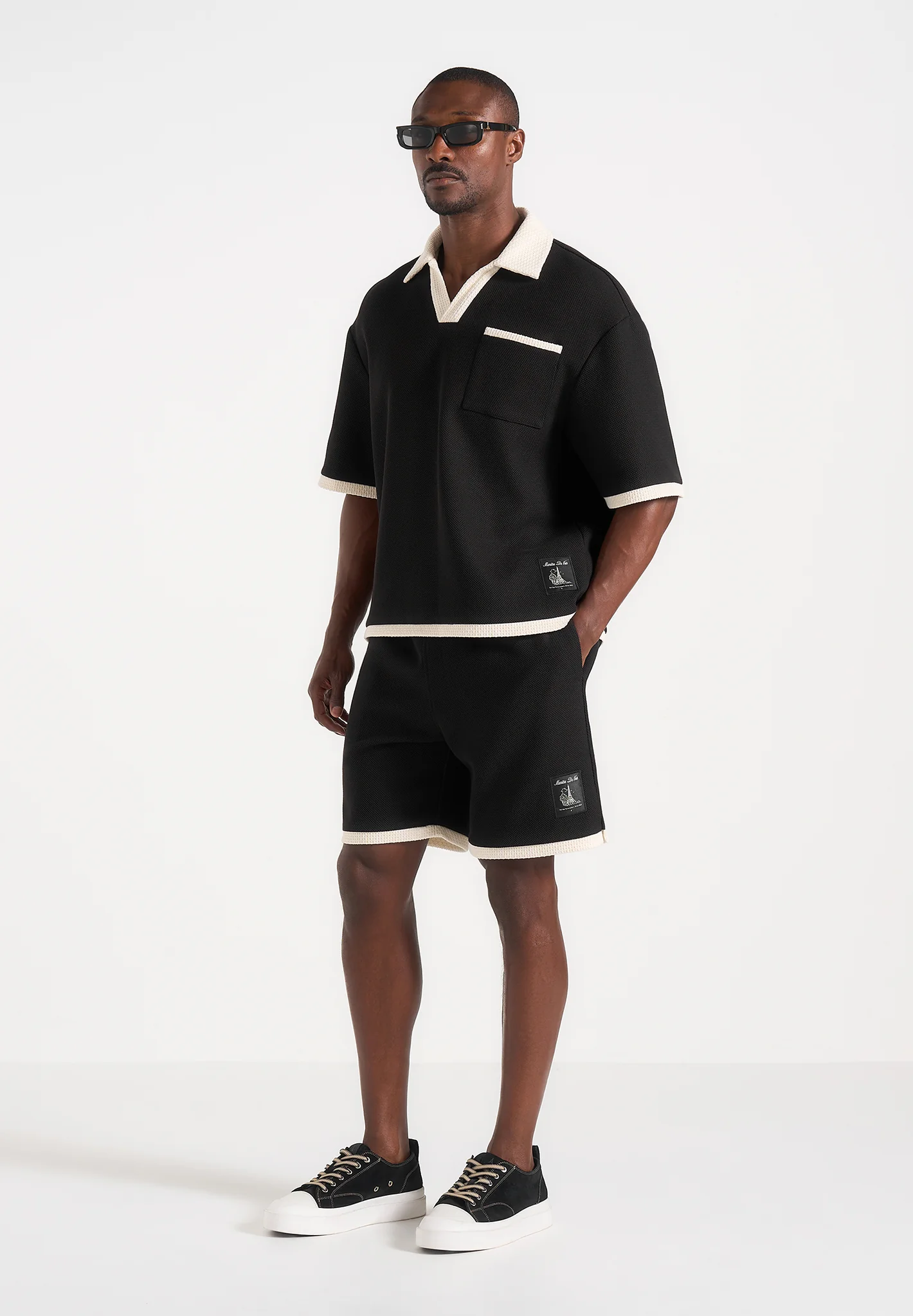 Brice - Boxy Crochet Detail Polo Shirt - Black - Image 2