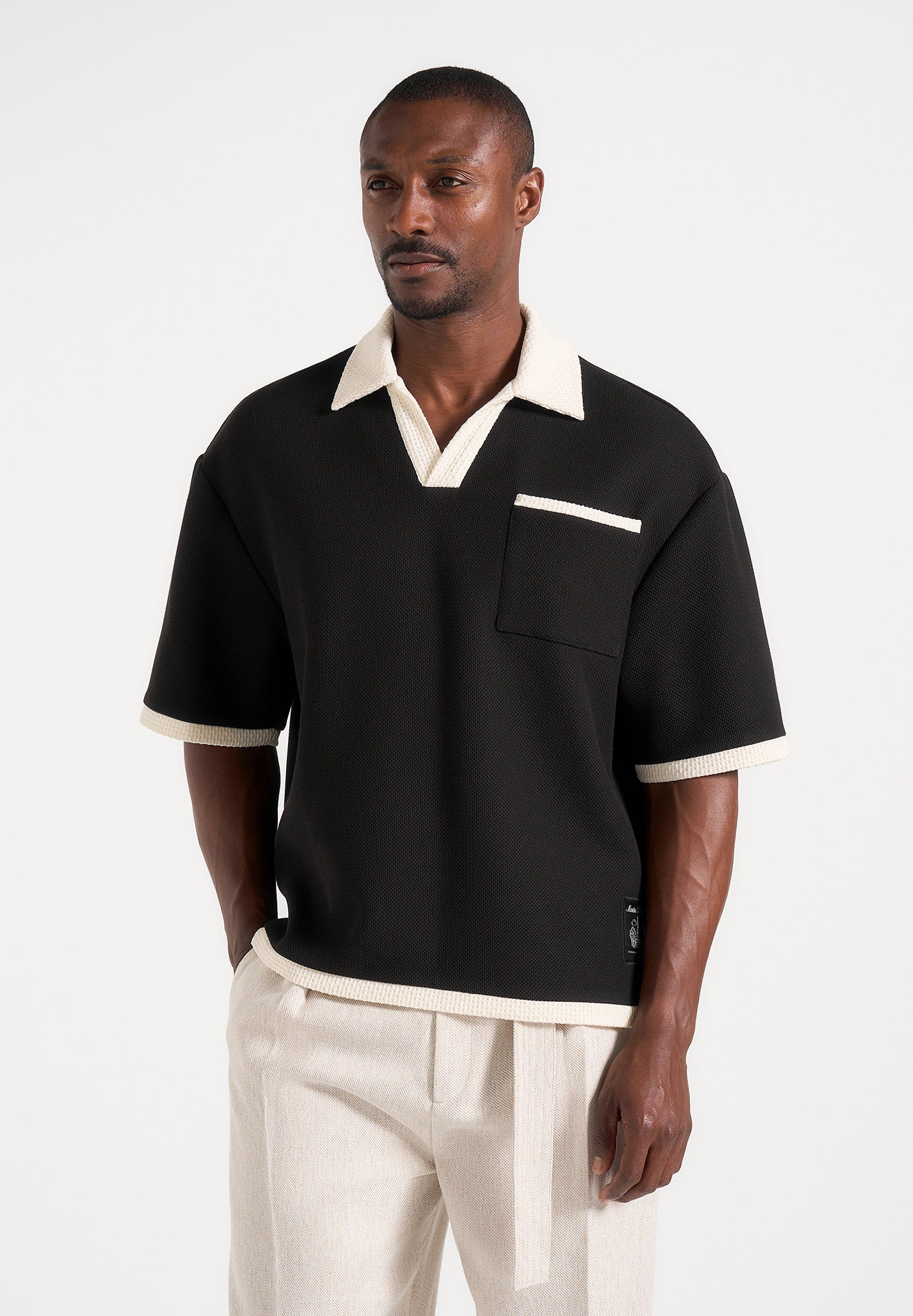 Brice - Boxy Crochet Detail Polo Shirt - Black - Image 3