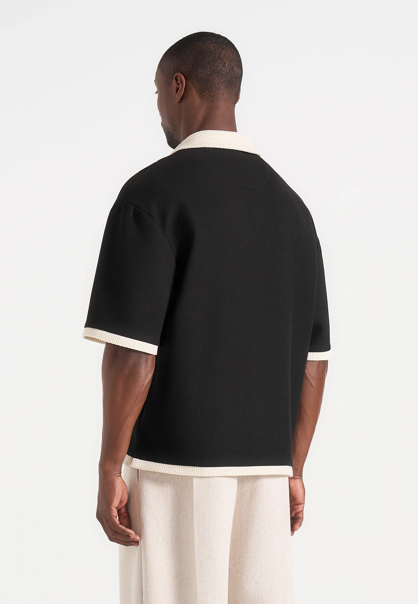 Brice - Boxy Crochet Detail Polo Shirt - Black - Image 4