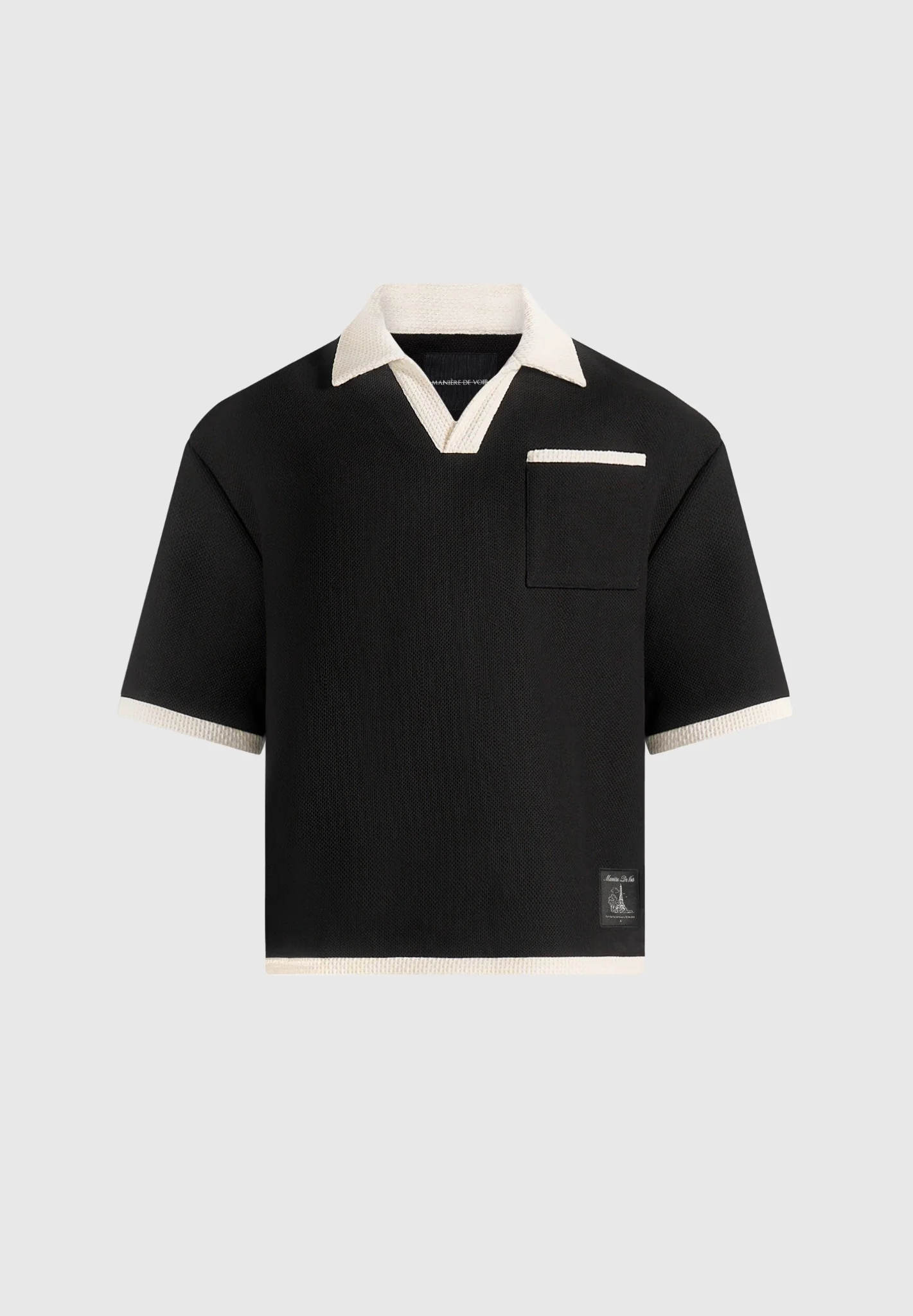 Brice - Boxy Crochet Detail Polo Shirt - Black - Image 8
